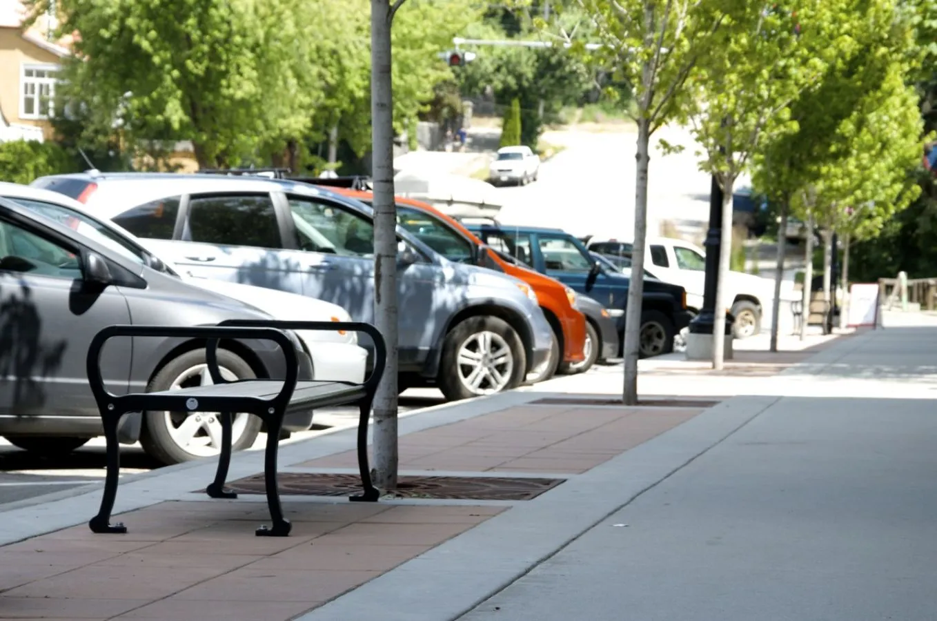 A Mountain Classic bench provides seating along a sidewalk lined with parked cars and young trees. The bench features a black frame and light-colored recycled plastic lumber.