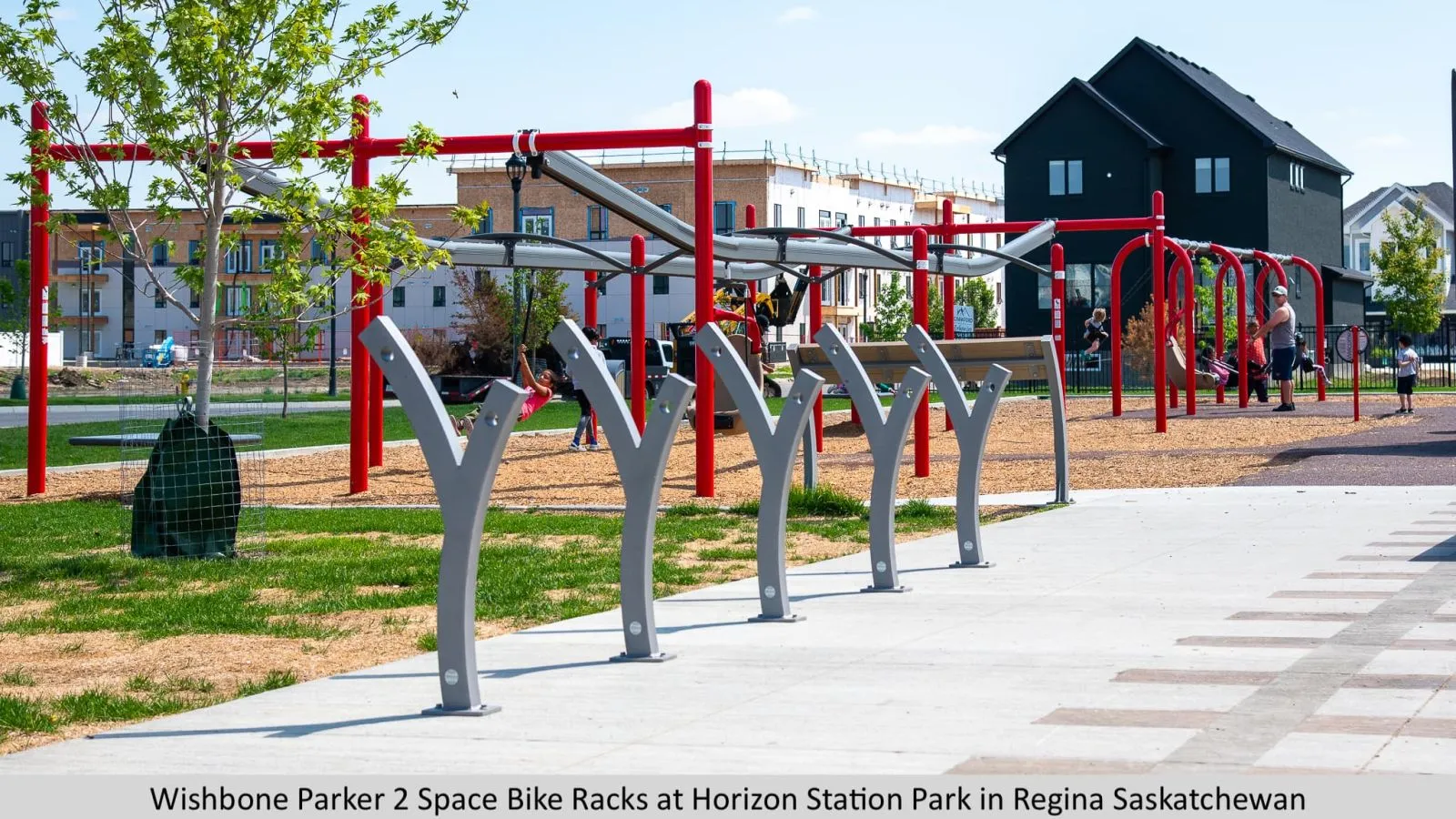 Parker 2 Space Bike Racks provide convenient and secure bicycle parking at Horizon Station Park in Regina, Saskatchewan. The bike racks feature a modern design and durable construction, blending seamlessly with the park's recreational environment.