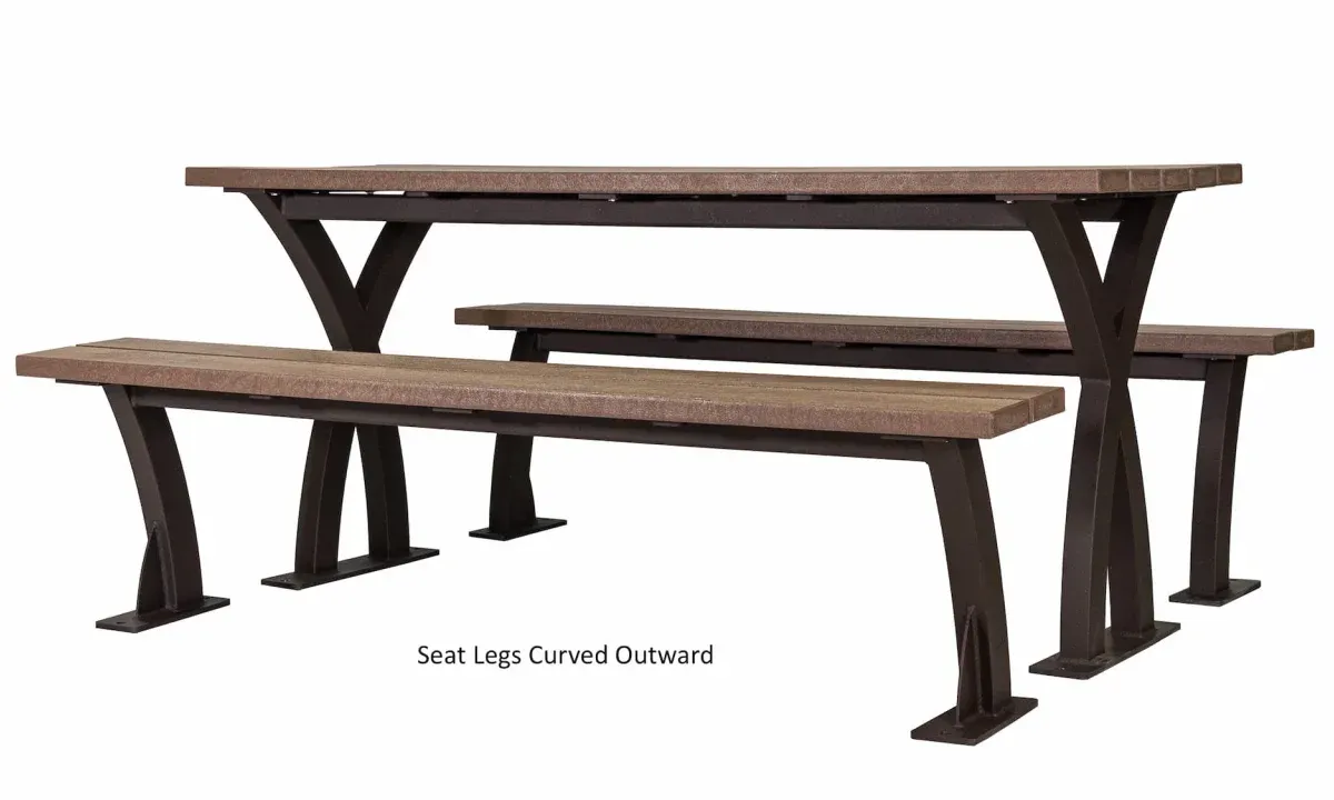 Parker picnic table with benches featuring recycled plastic lumber and a powder-coated metal frame. This set provides a durable and stylish outdoor seating solution.