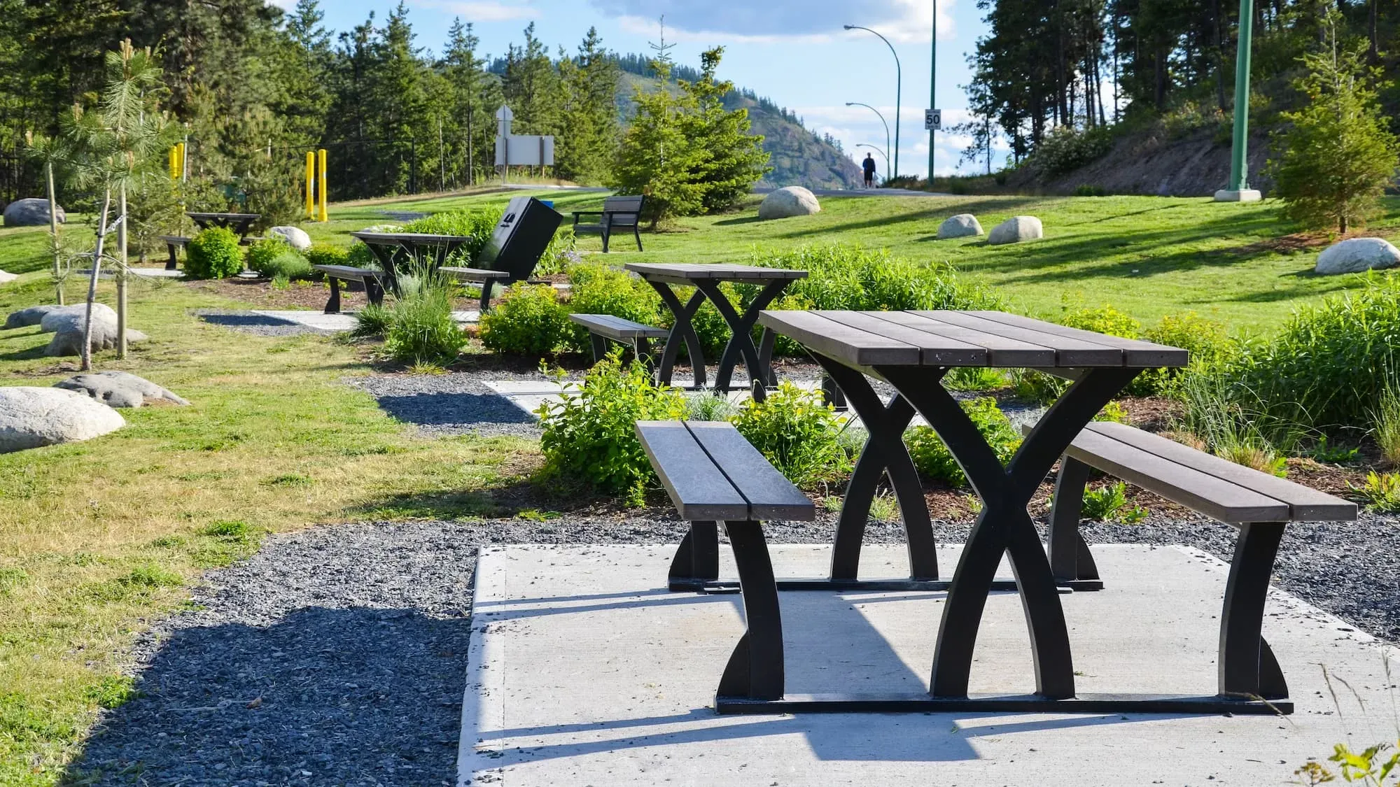 Several picnic tables and benches are arranged in a park-like setting. The tables feature a unique x-shaped base and recycled plastic lumber.