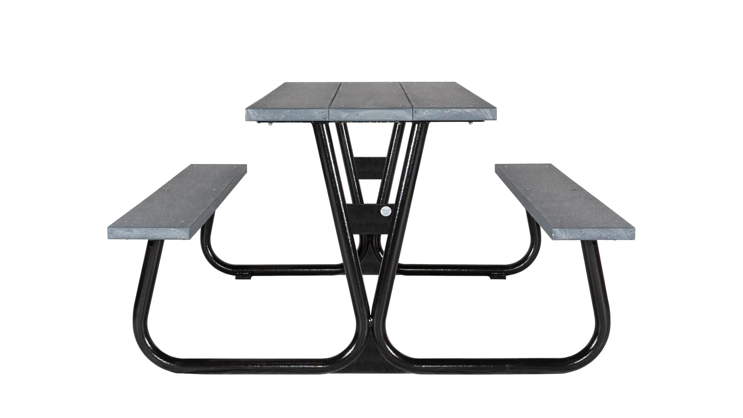 Pipeline picnic table with recycled plastic lumber and powder-coated metal frame. This durable table provides comfortable outdoor seating for parks and recreational areas.