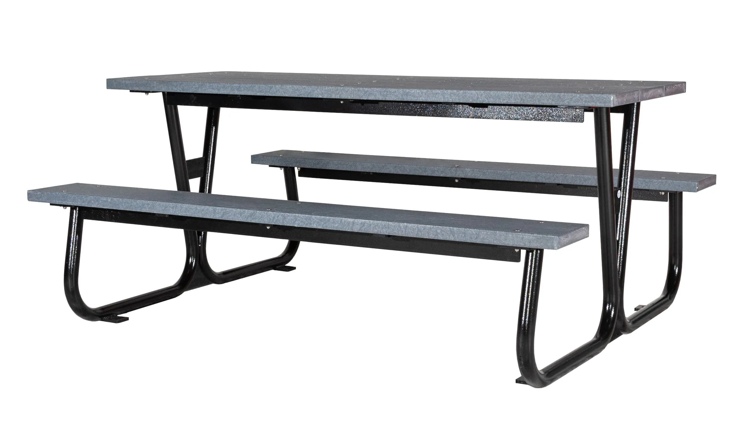 This Pipeline Picnic Table features recycled plastic lumber for the table top and seats, with a powder-coated metal frame.