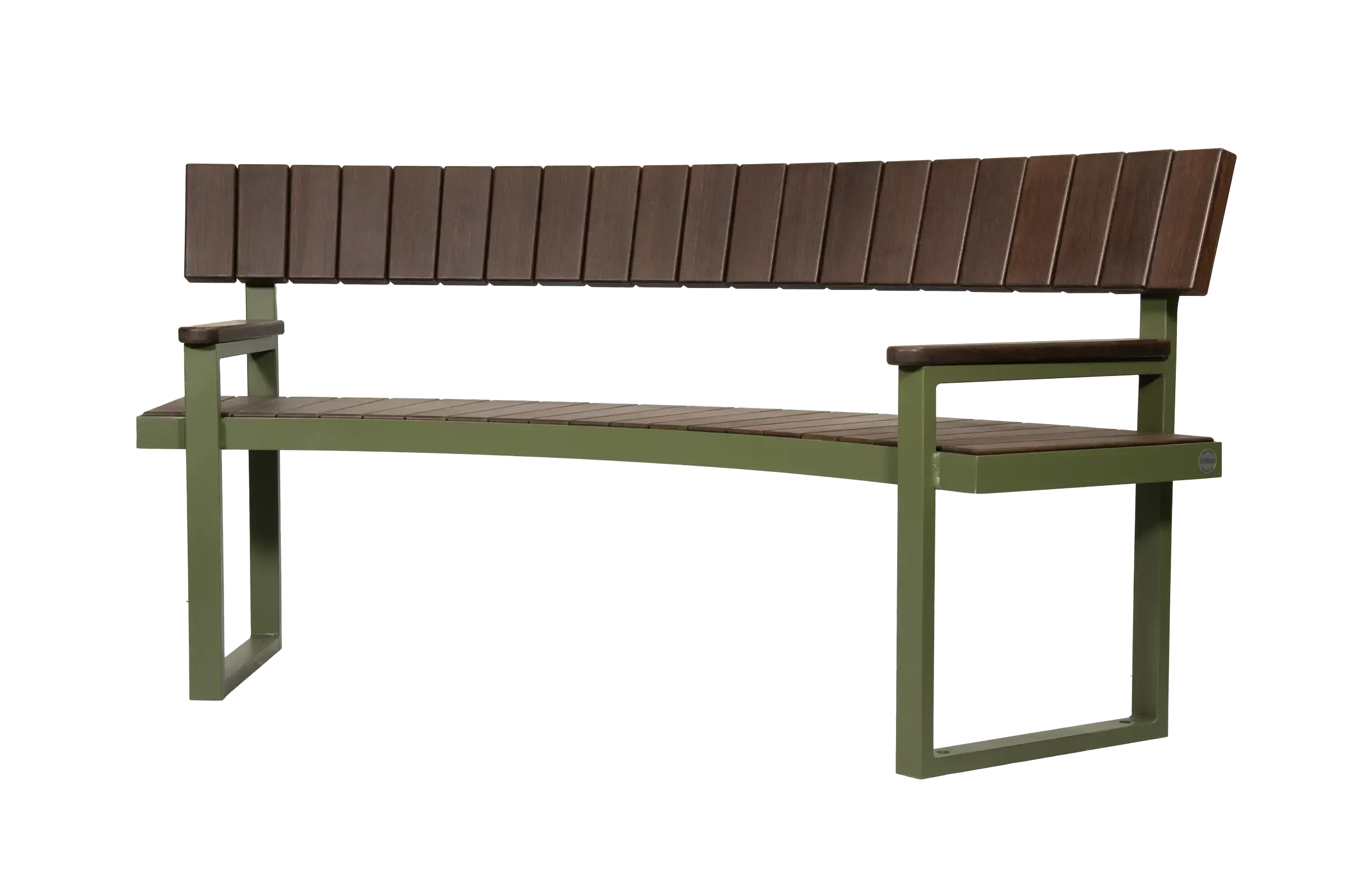 Ridgeline curved bench with recycled plastic lumber seat and back. The bench features a powder-coated metal frame.
