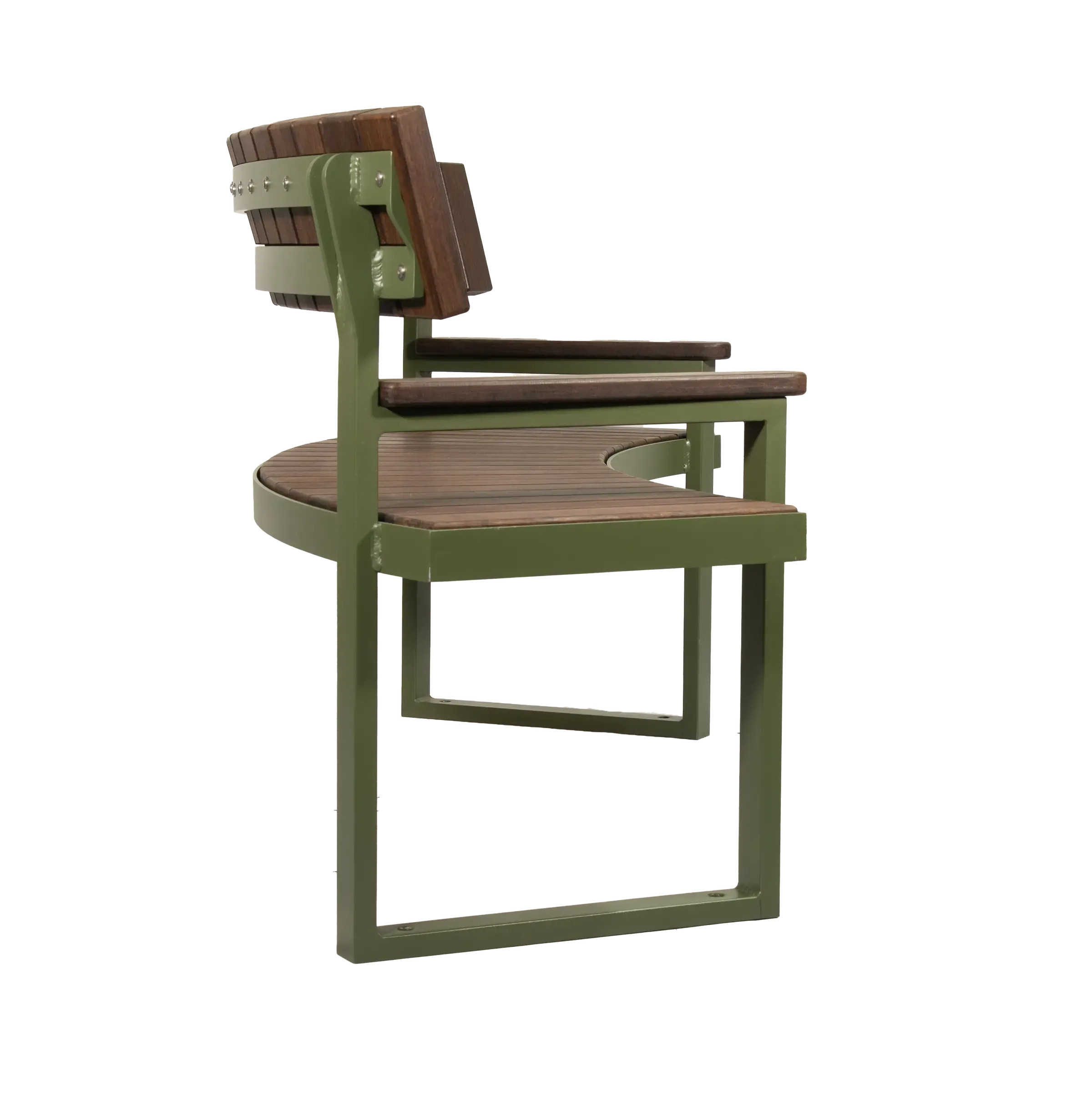 A curved bench with a metal frame and recycled plastic lumber seat and back. The bench features a unique curved design and a combination of durable materials.