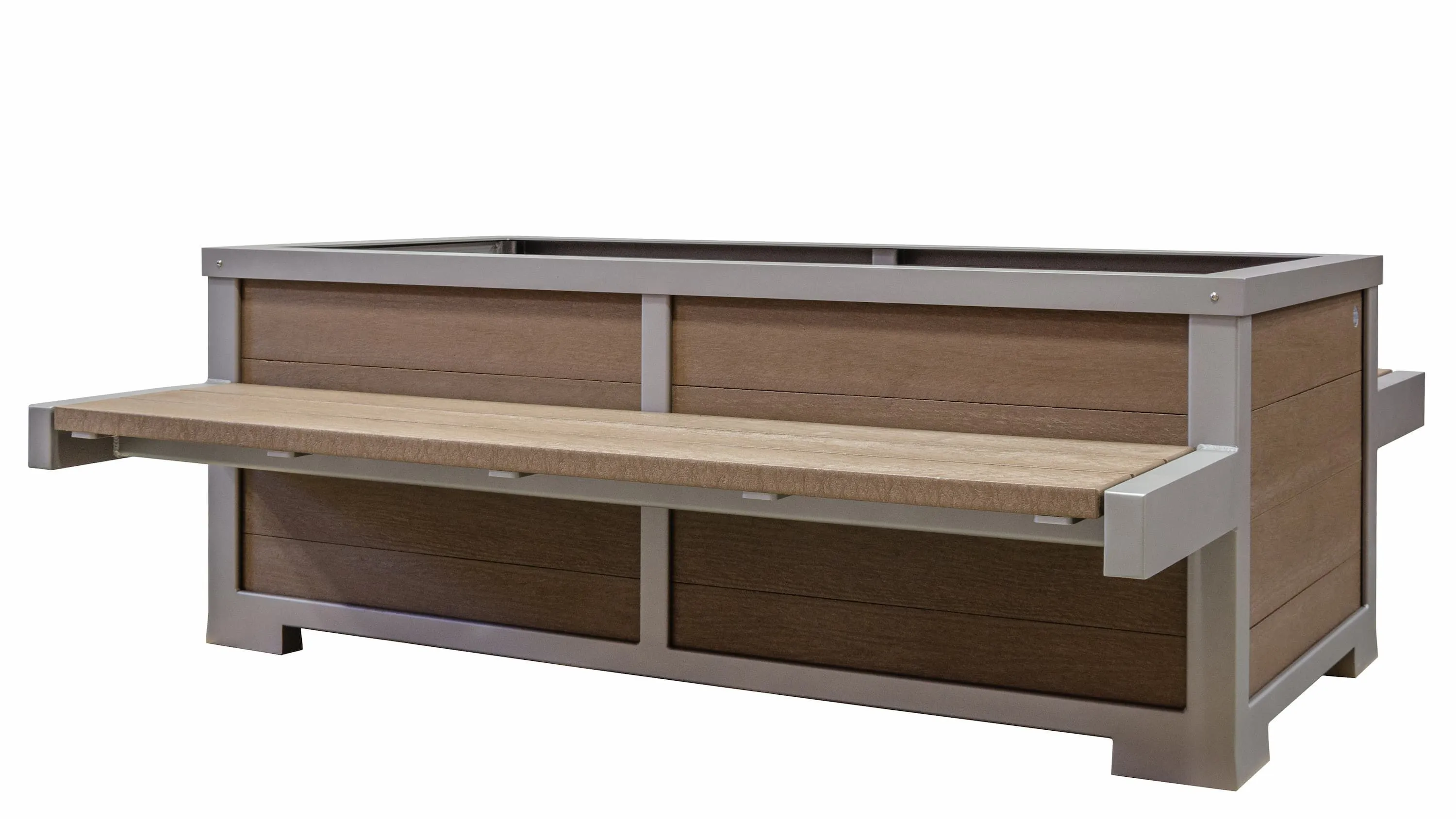 Rutherford 3x6 planter with a double bench combo. The planter and bench feature recycled plastic lumber and a powder-coated metal frame.