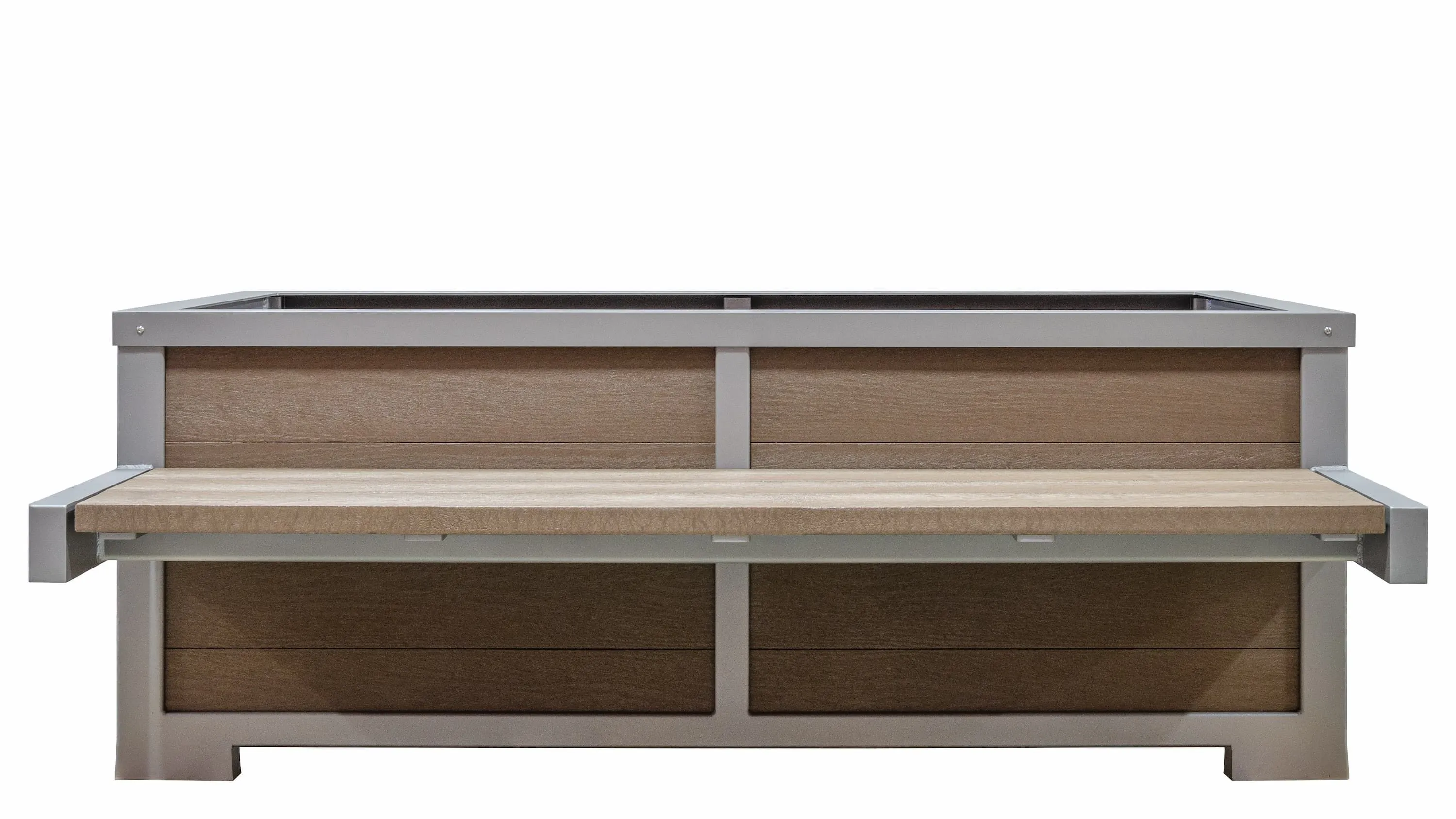 Rutherford planter double bench combo with recycled plastic lumber and powder-coated metal frame. This planter bench offers integrated seating and planting space.