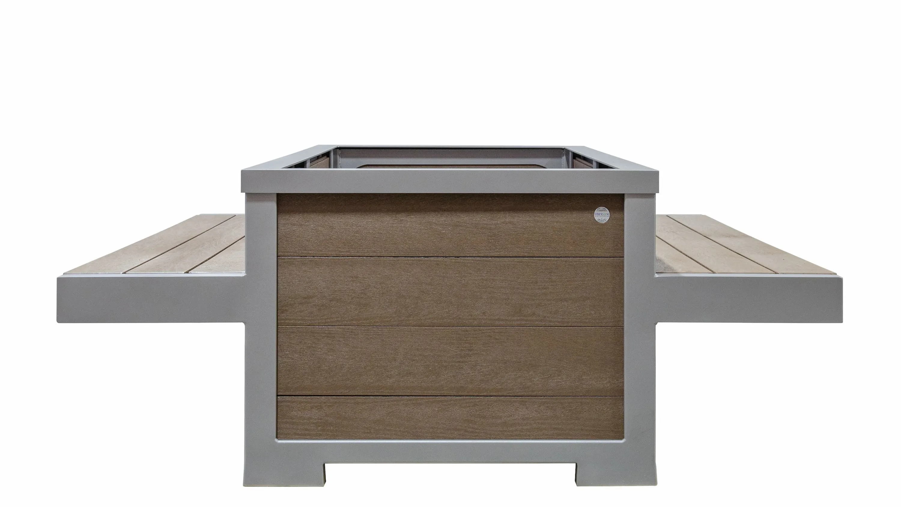 A Rutherford planter with a double bench combo offers integrated seating. The planter features recycled plastic lumber and a powder-coated metal frame.