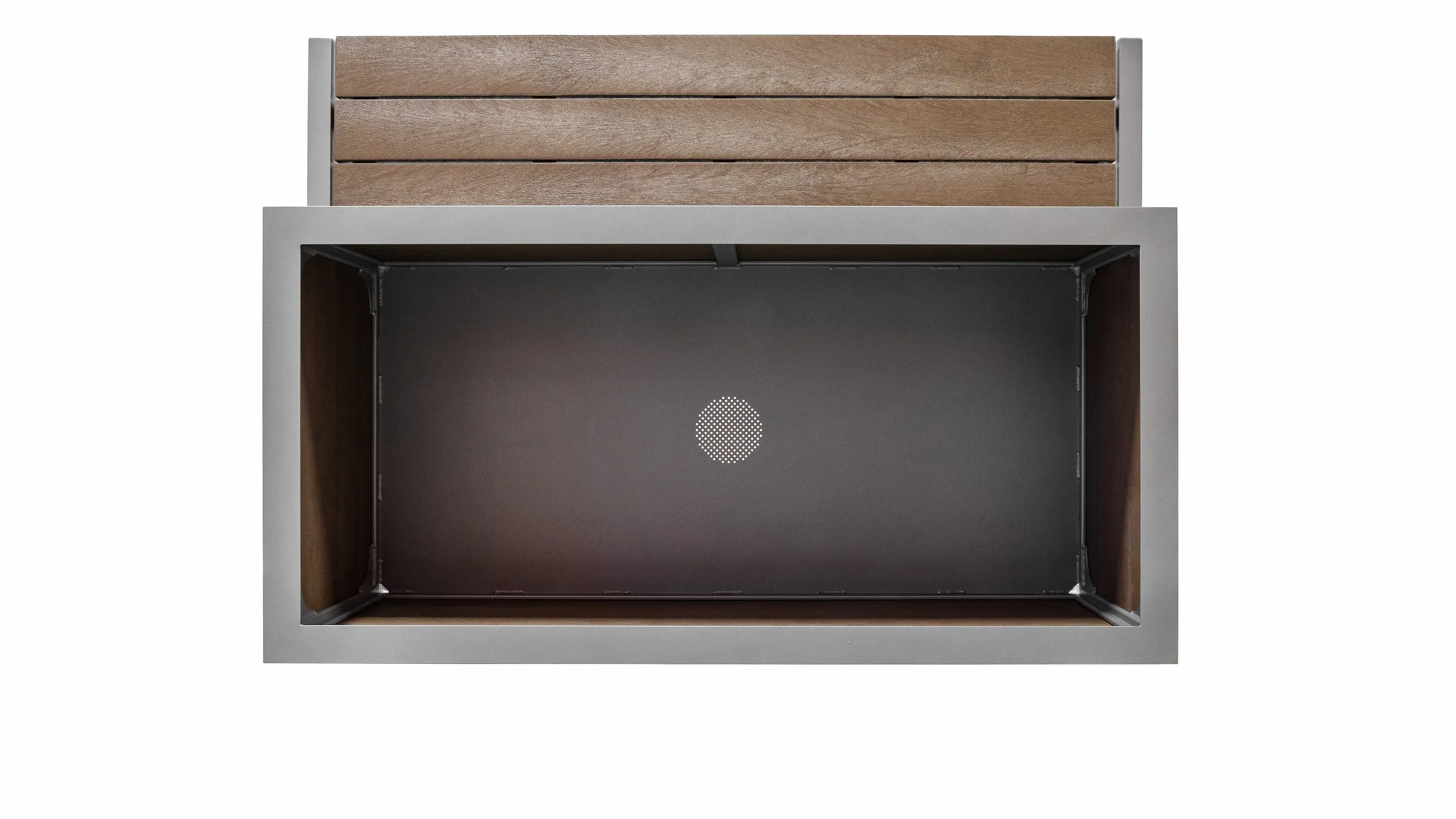 Rutherford planter with a single bench combo, top view. The planter features recycled plastic lumber and a powder-coated metal frame.