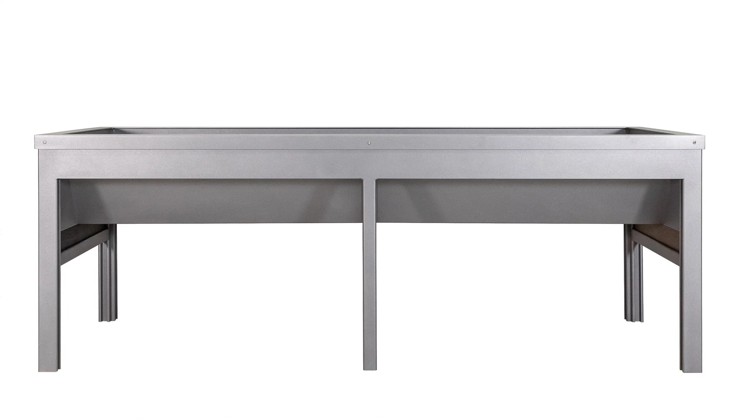 Rutherford 4 Space Wheelchair Accessible Planter in a studio setting. The planter is powder-coated in a silver color.