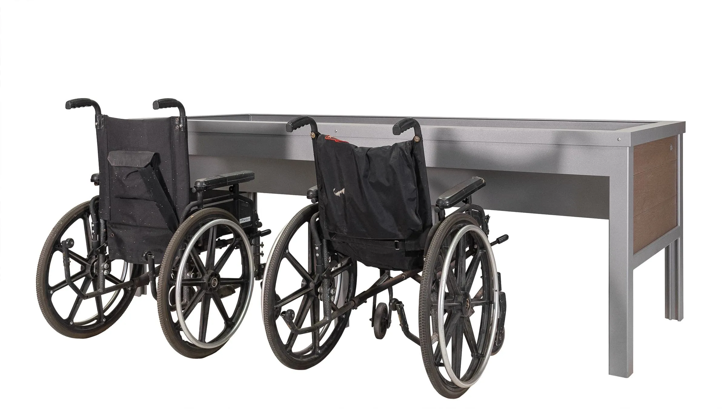 Rutherford wheelchair accessible planter with space for two wheelchairs. The planter has a metal frame and recycled plastic lumber side panels.