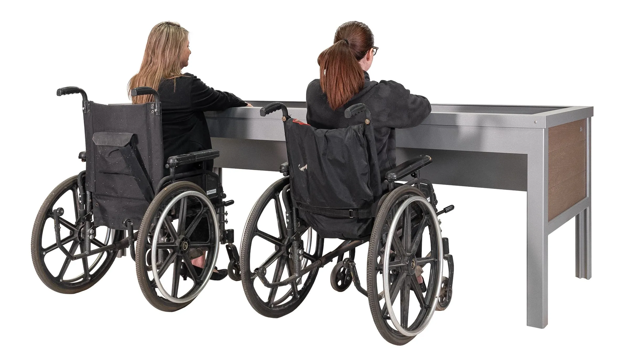 Wheelchair-accessible planter with space for two users. The planter features recycled plastic lumber panels and a powder-coated metal frame.