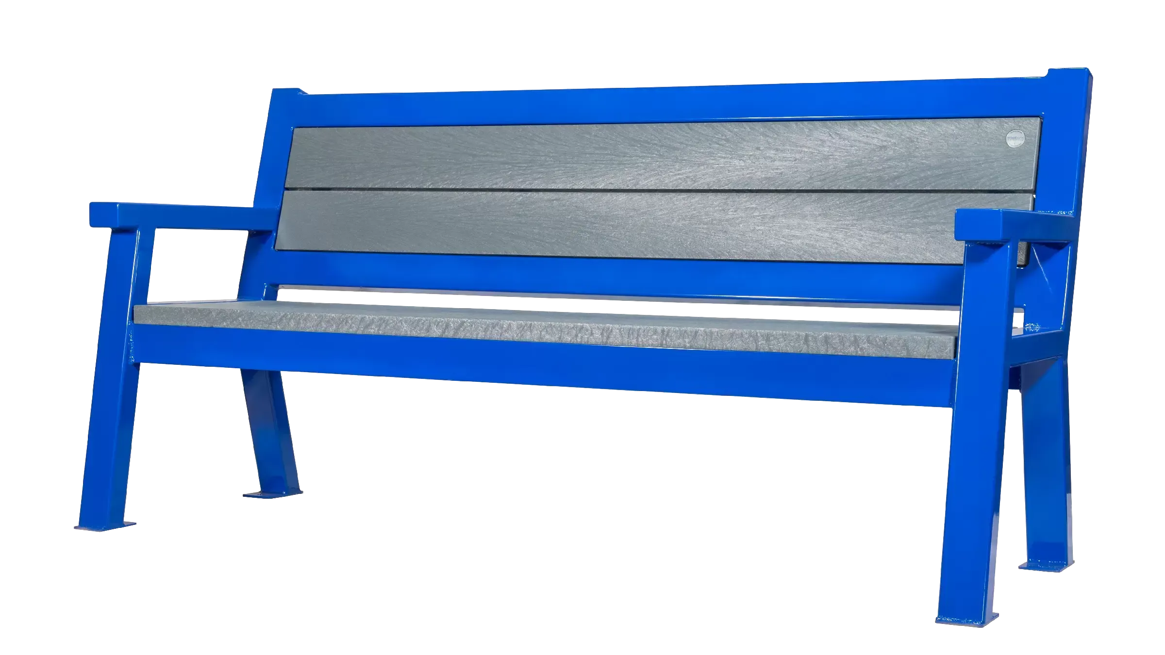 Rutherford bench with a blue powder-coated frame and gray recycled plastic lumber. This bench provides comfortable and durable seating for outdoor spaces.