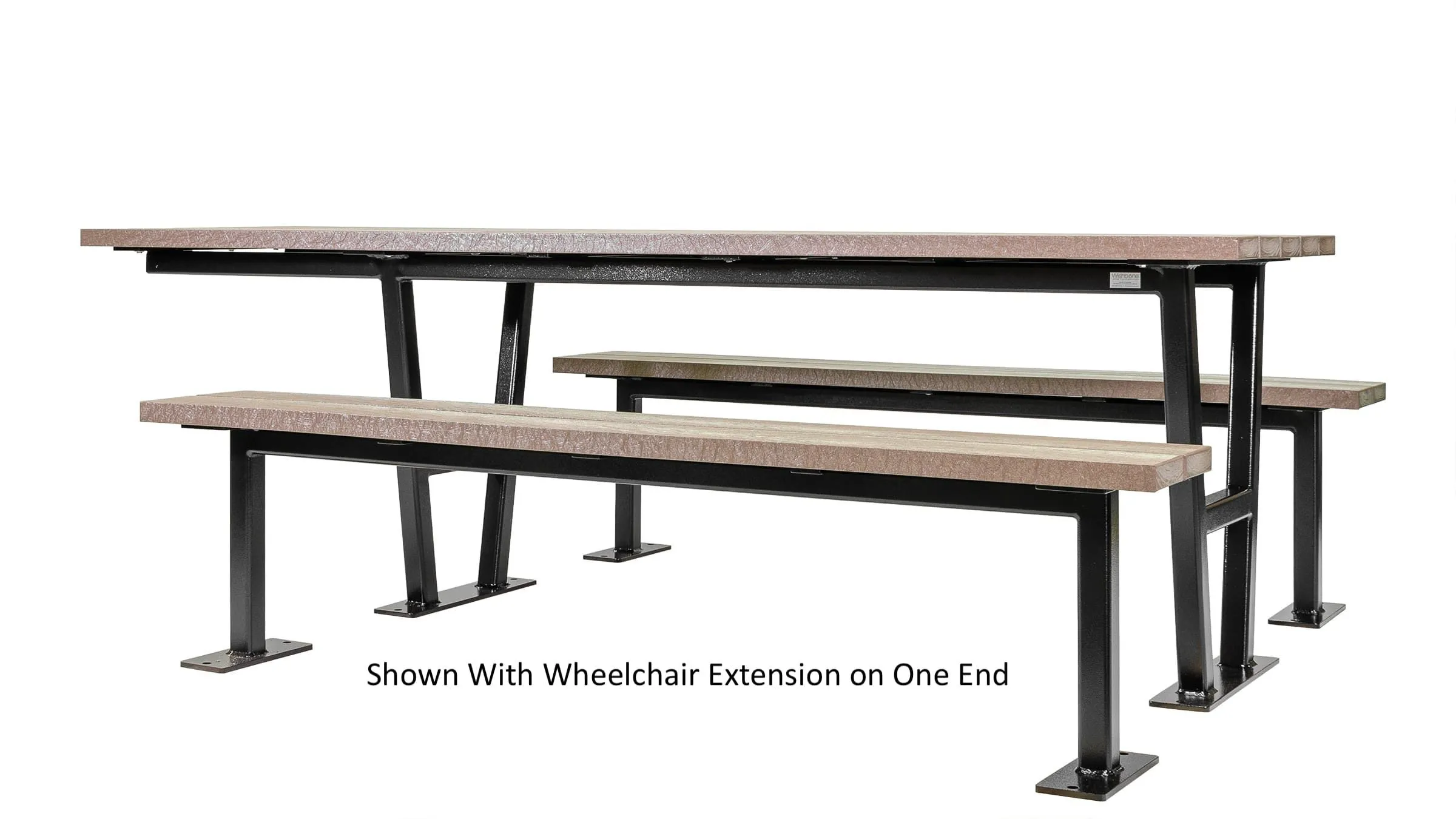 Rutherford picnic table with wheelchair extension on one end. The table features recycled plastic lumber and a powder-coated metal frame.