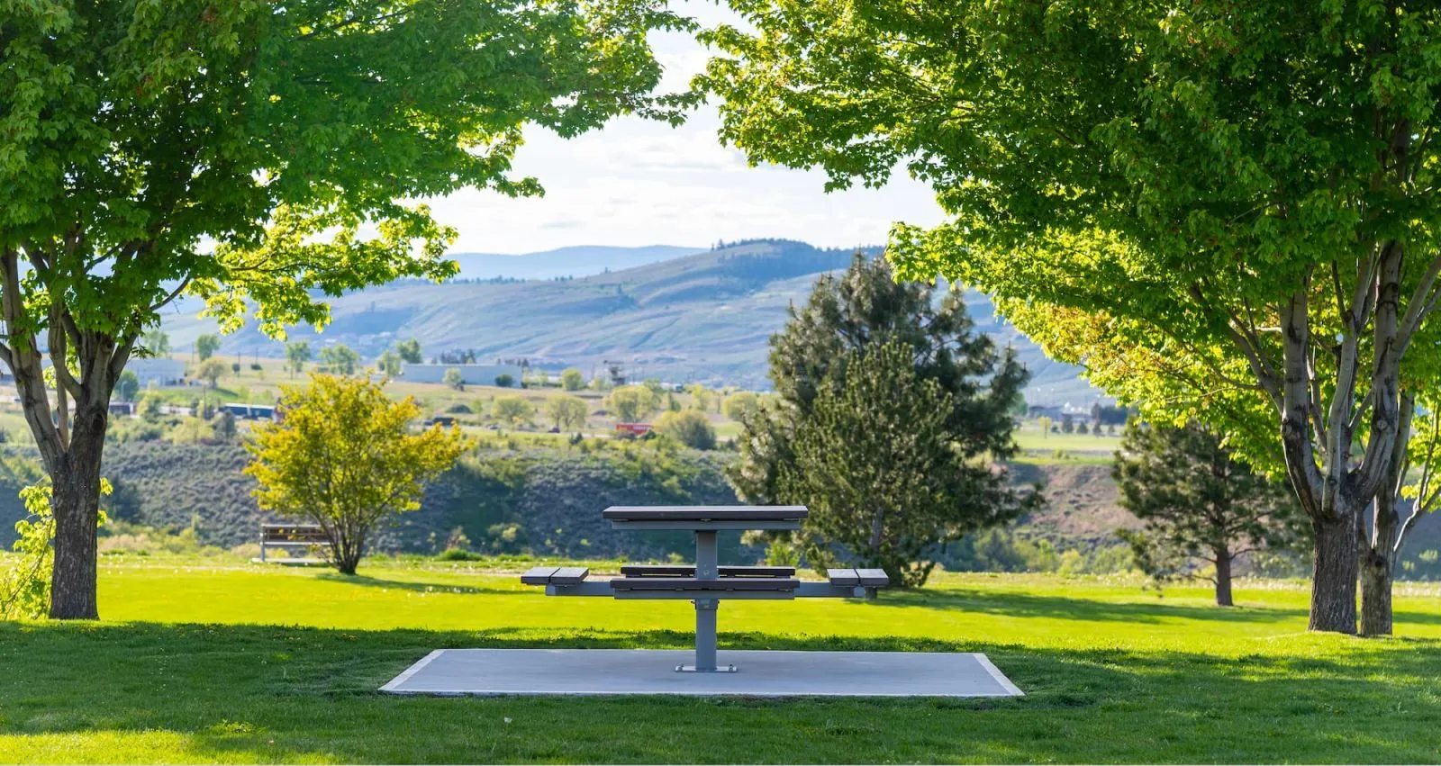 A single pedestal picnic table sits on a concrete pad in a grassy park setting. Mountains are visible in the background.