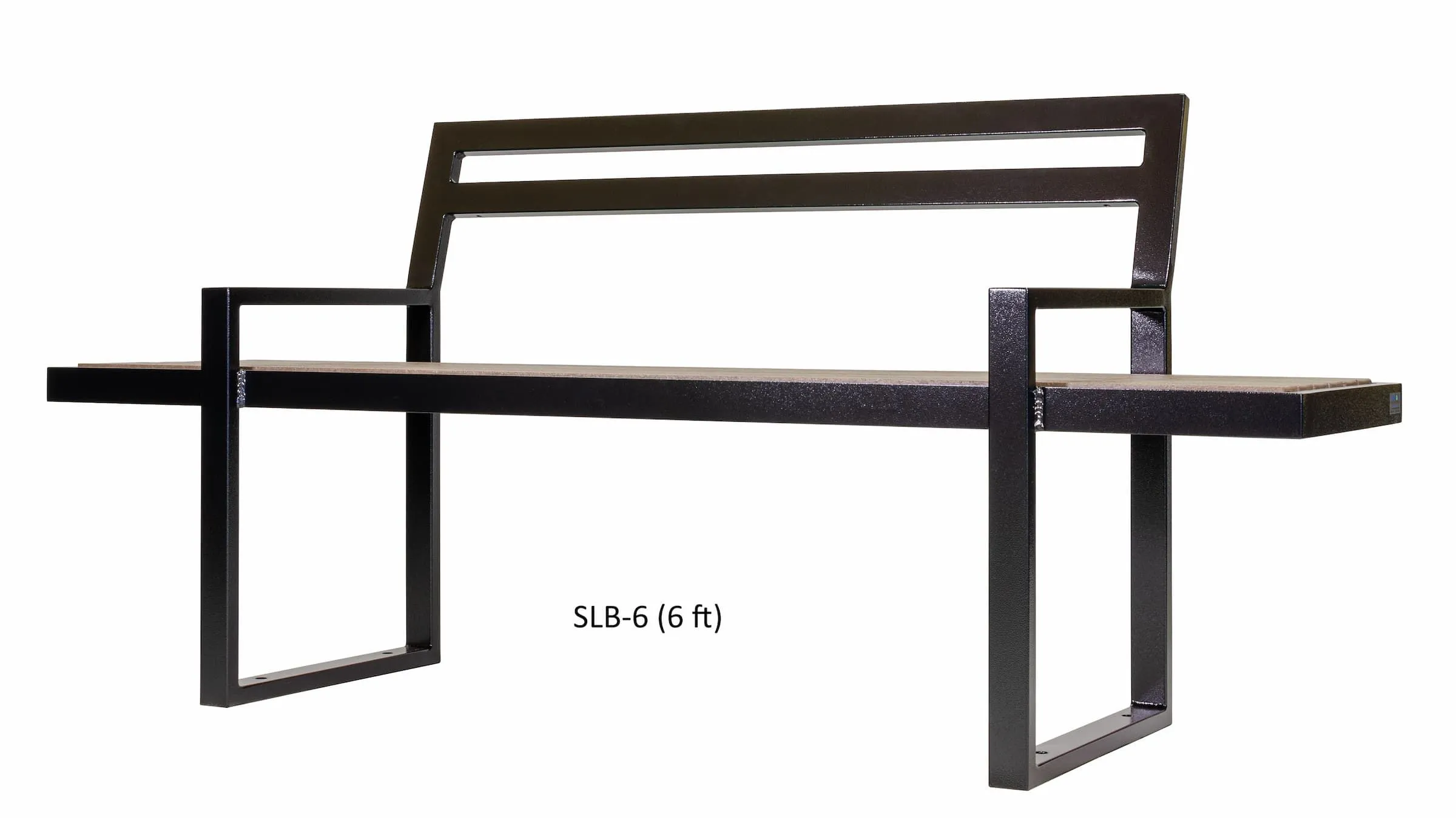 Skyline park bench with a sleek, modern design. This bench features recycled plastic lumber seat and back, and a powder-coated metal frame.
