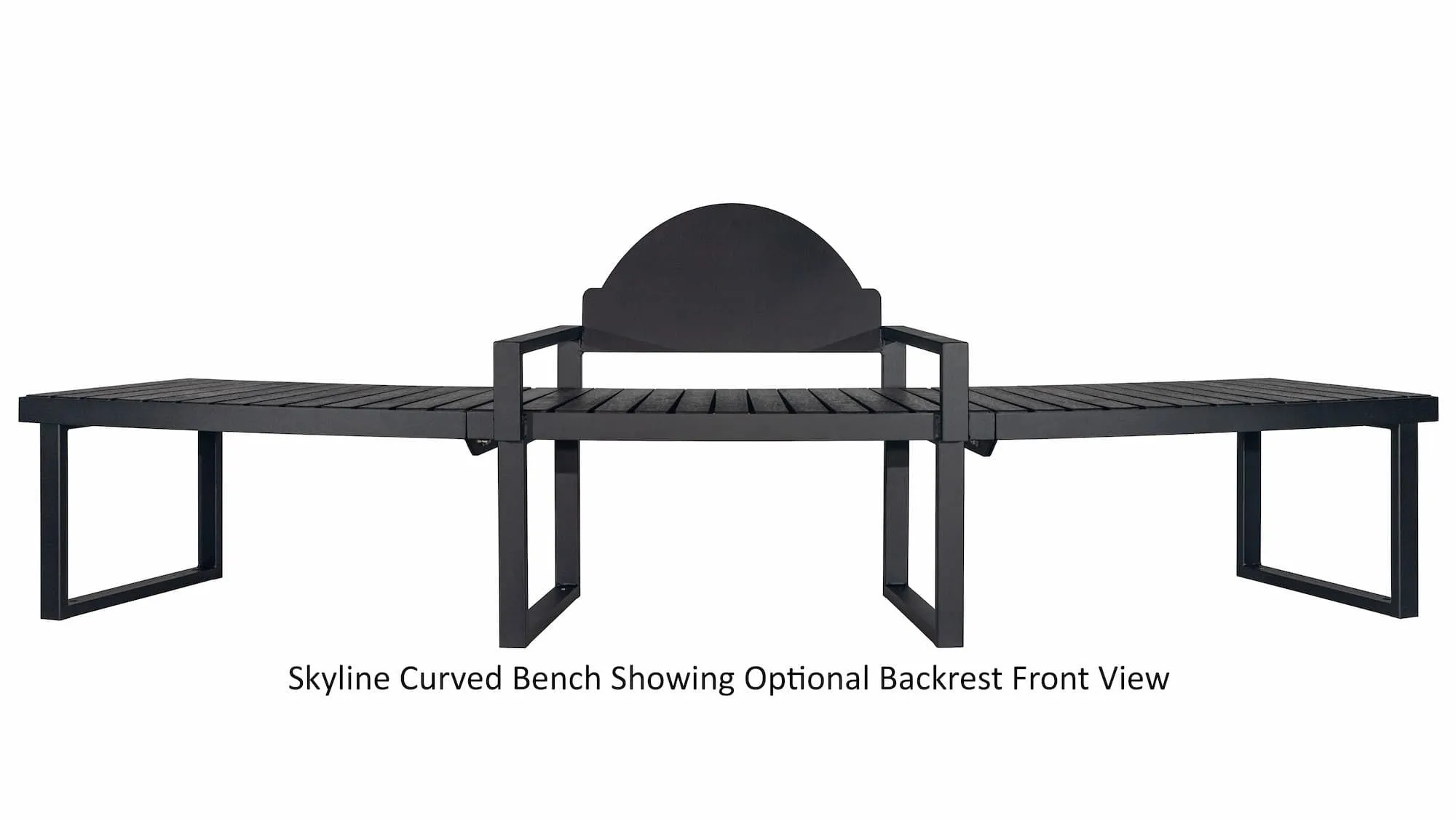 Curved bench with optional backrest, suitable for public spaces. The bench features recycled plastic lumber and a powder-coated metal frame.