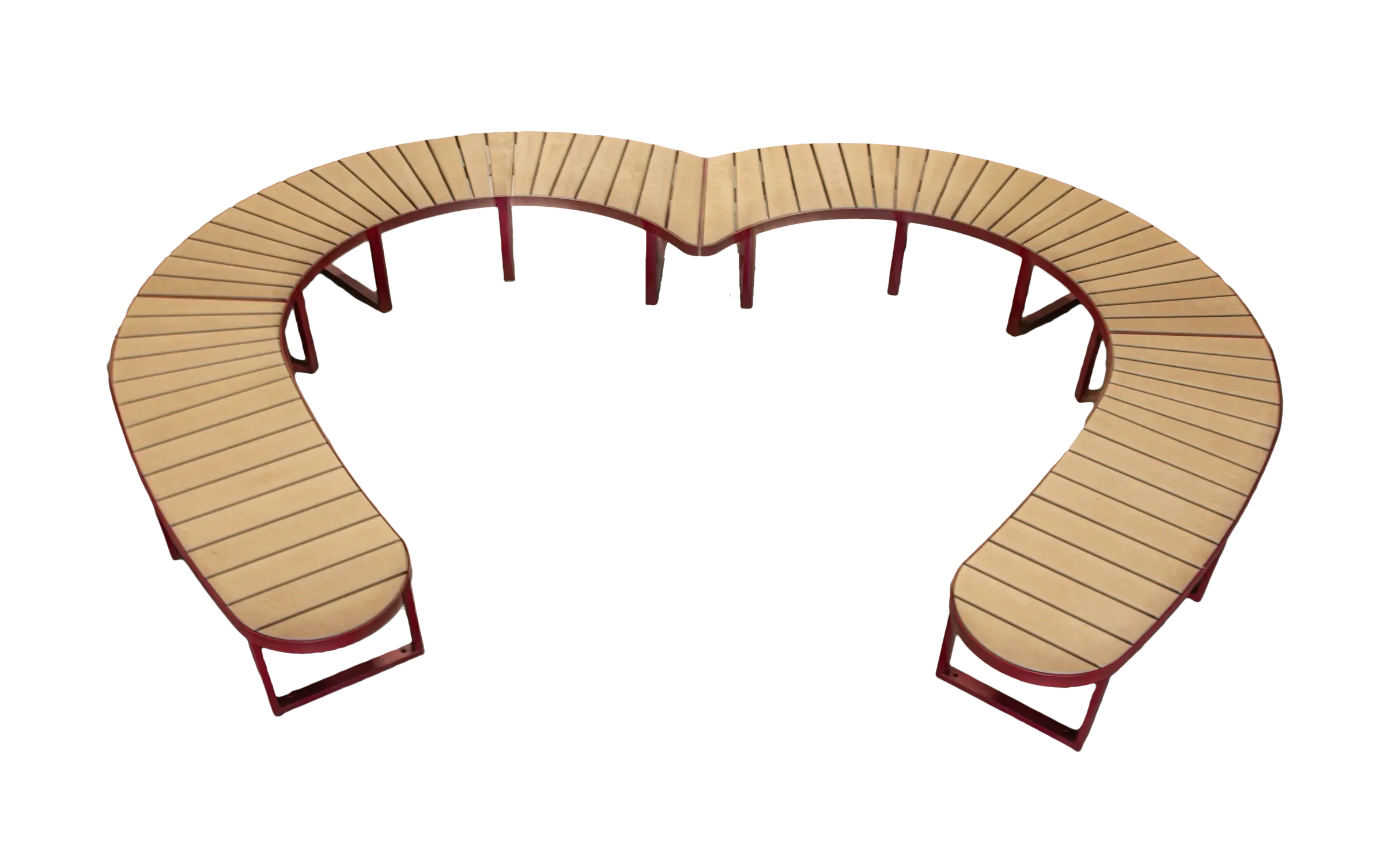Curved bench with a heart shape, featuring recycled plastic lumber slats and a powder-coated metal frame. This unique bench provides ample seating and adds a touch of whimsy to any outdoor space.