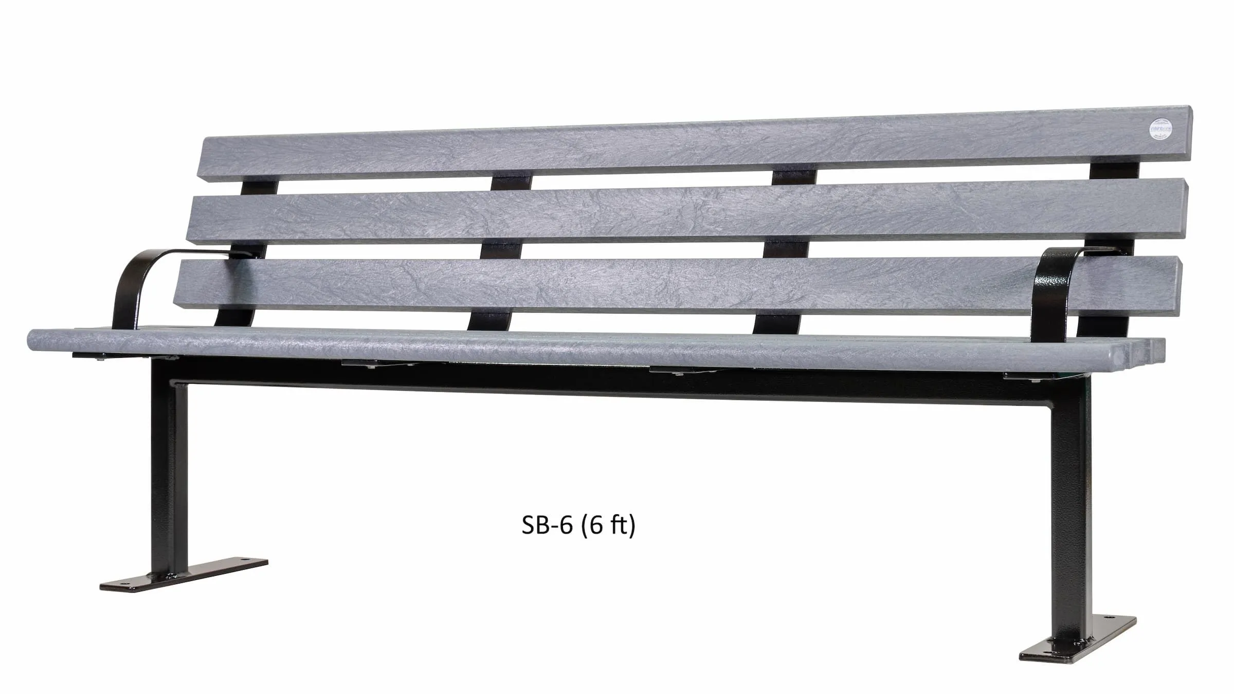 Standard bench with recycled plastic lumber and powder-coated metal frame. This durable bench provides comfortable seating for outdoor spaces.