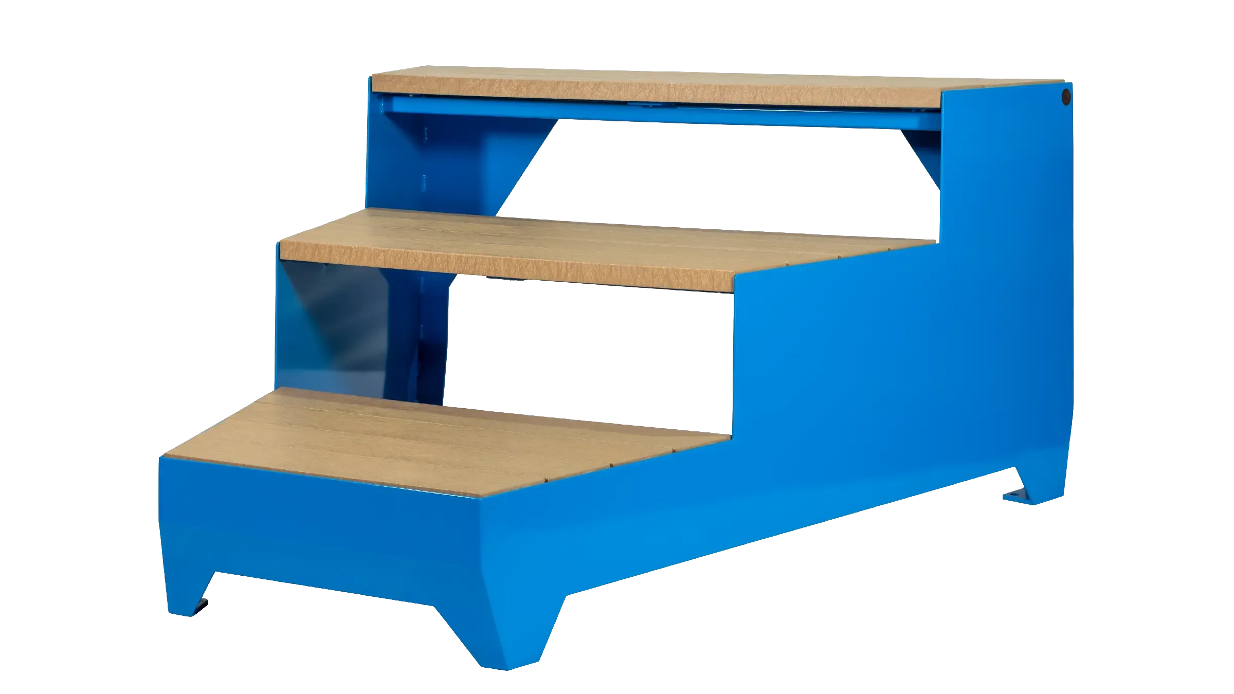 A three-step bench with recycled plastic lumber steps and a powder-coated metal frame. This bench is designed to provide comfortable and accessible seating in outdoor spaces.