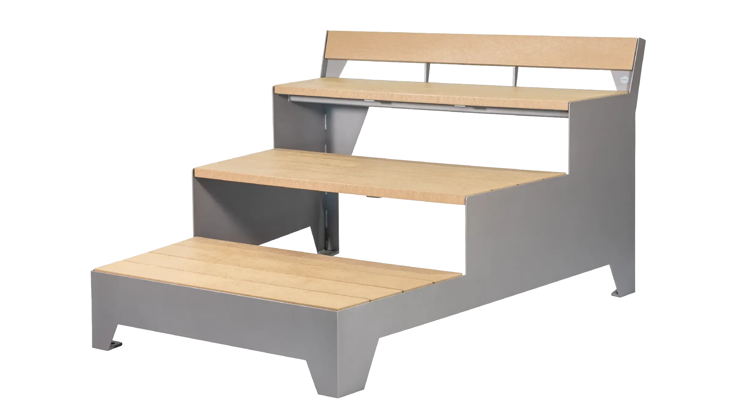 Strataview Step Bench with backrest provides tiered seating. The frame is powder-coated in a light grey, and the seating surfaces are made of recycled plastic lumber in a light tan color.