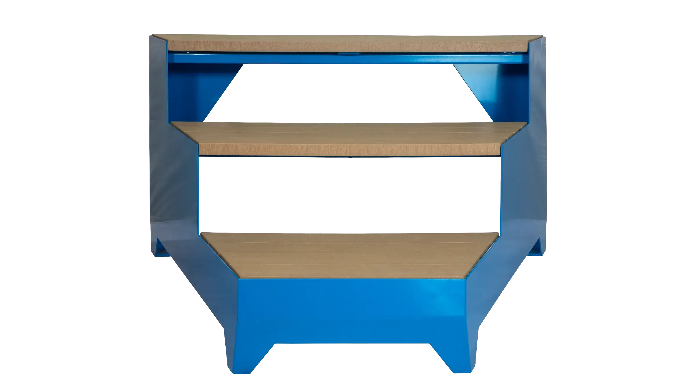 The Strataview Step Bench provides tiered seating with a modern design. It features Harbour Grey recycled plastic lumber and a Sky Blue powder-coated frame.