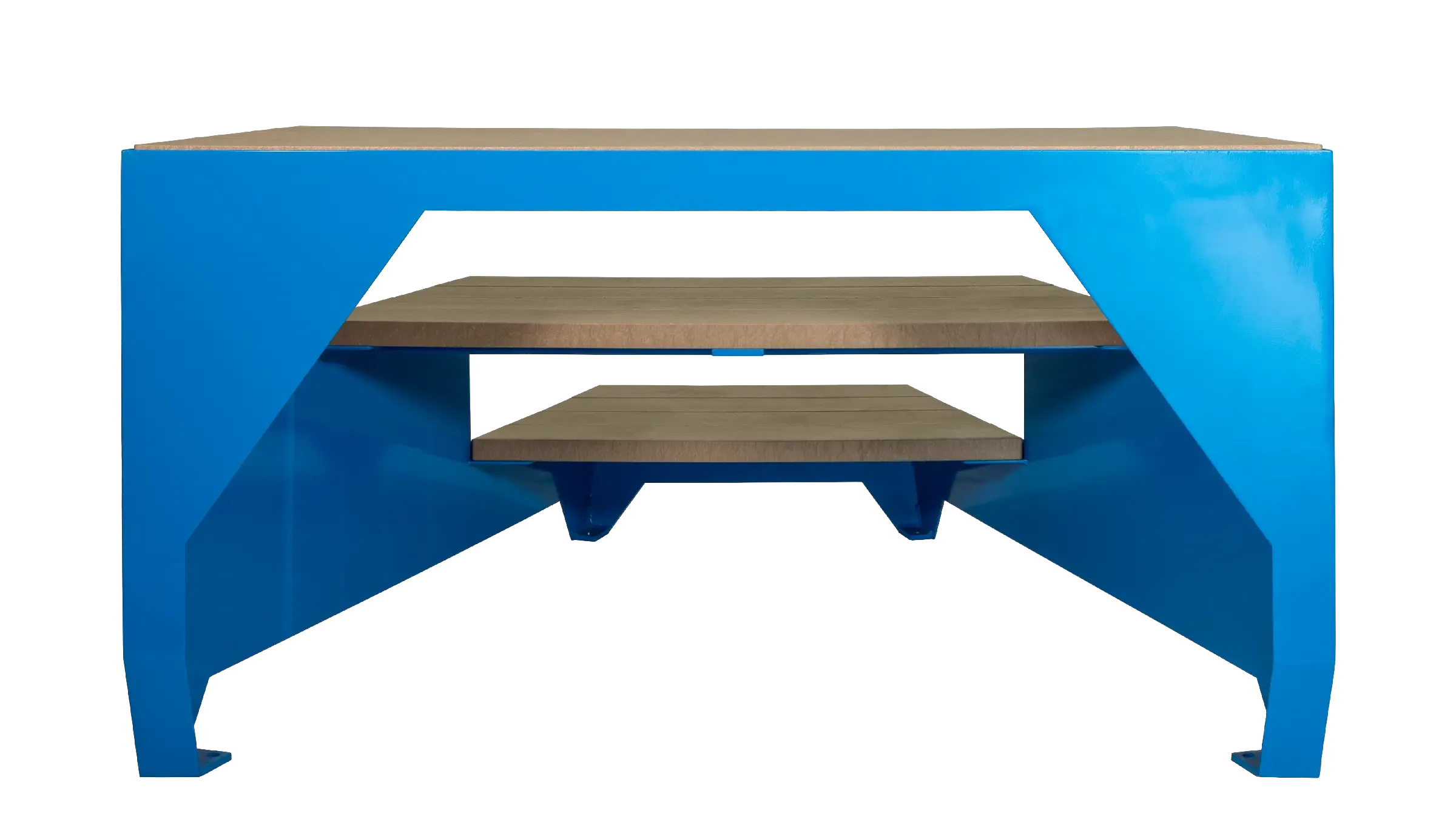 Strataview Step Bench with a multi-tiered design, featuring recycled plastic lumber seating and a powder-coated metal frame. This bench offers a modern and functional seating solution for various outdoor spaces.
