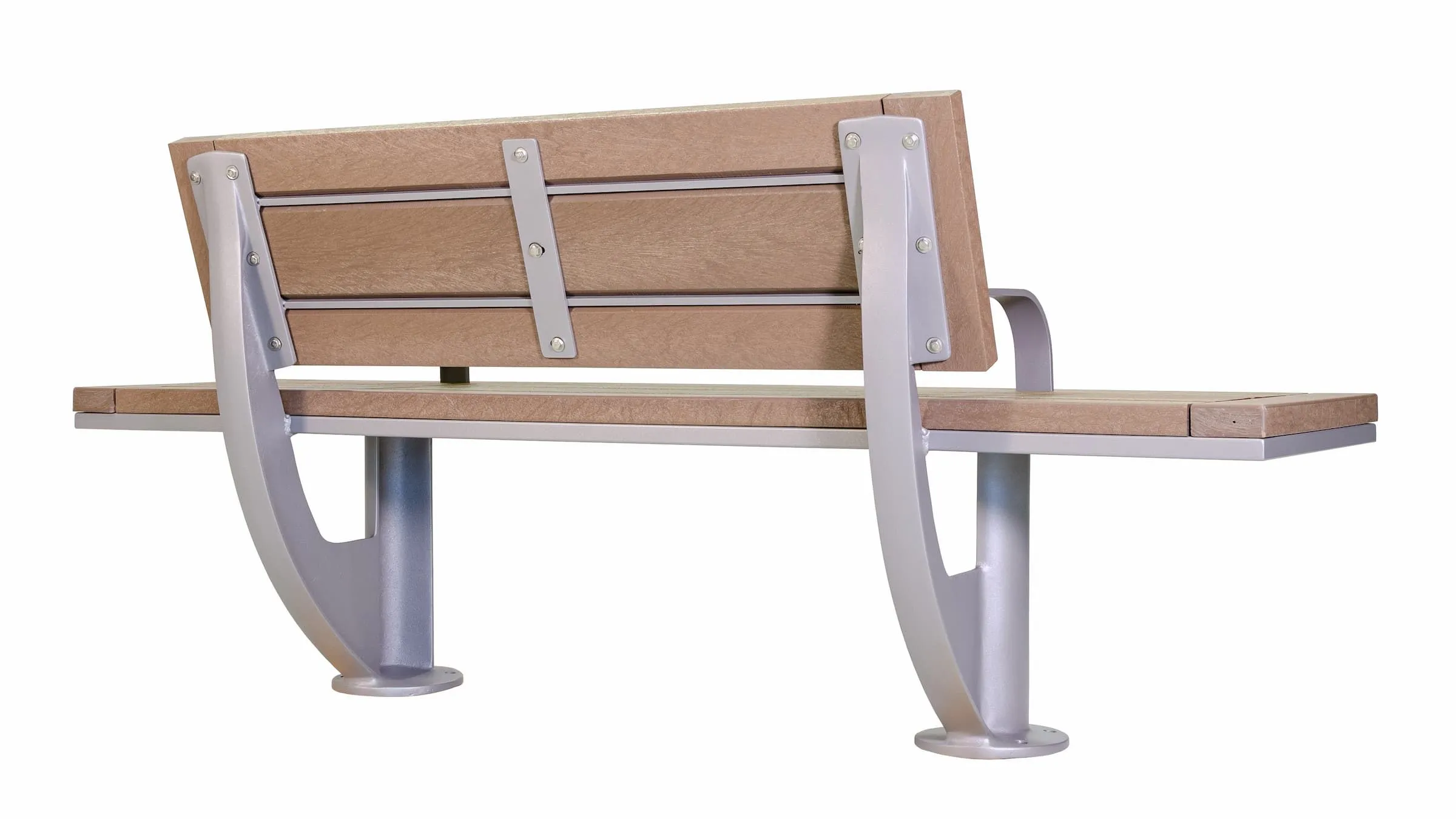 SurRe bench with recycled plastic lumber and powder-coated metal frame. This commercial-grade bench offers comfortable seating for public spaces.
