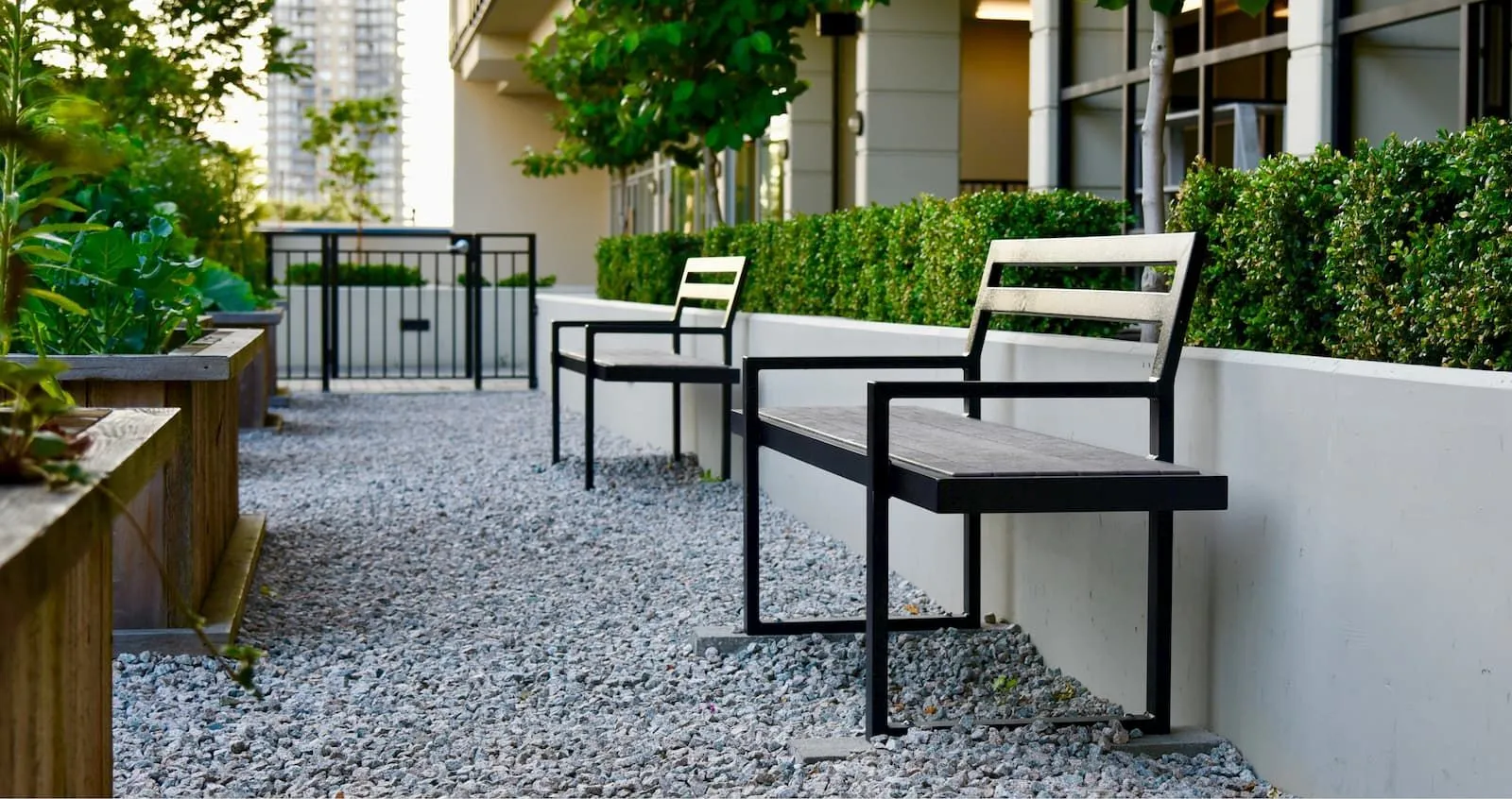 Skyline benches provide seating in an outdoor space with planters and greenery. The benches feature a black powder-coated frame and grey recycled plastic lumber.