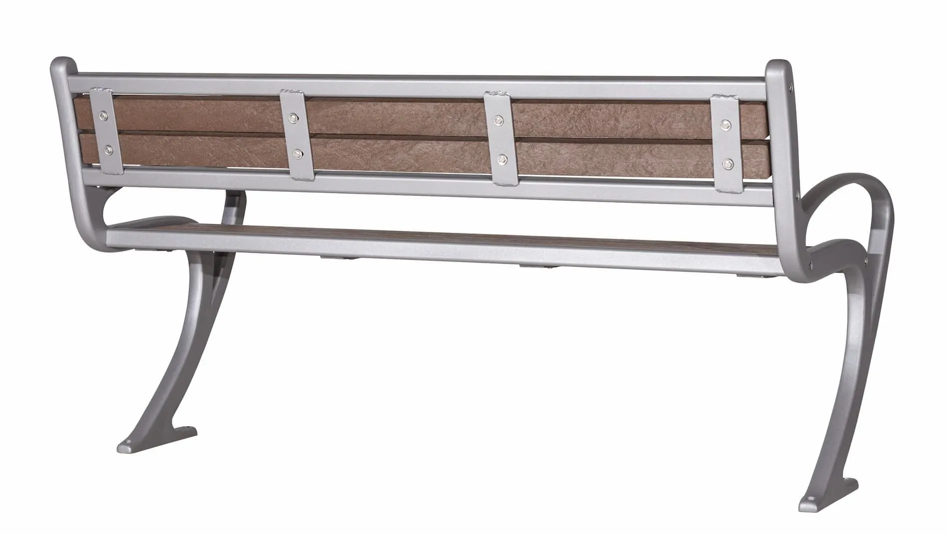 TENAJ park bench with a silver frame and redwood recycled plastic lumber. This bench offers comfortable seating for public spaces.