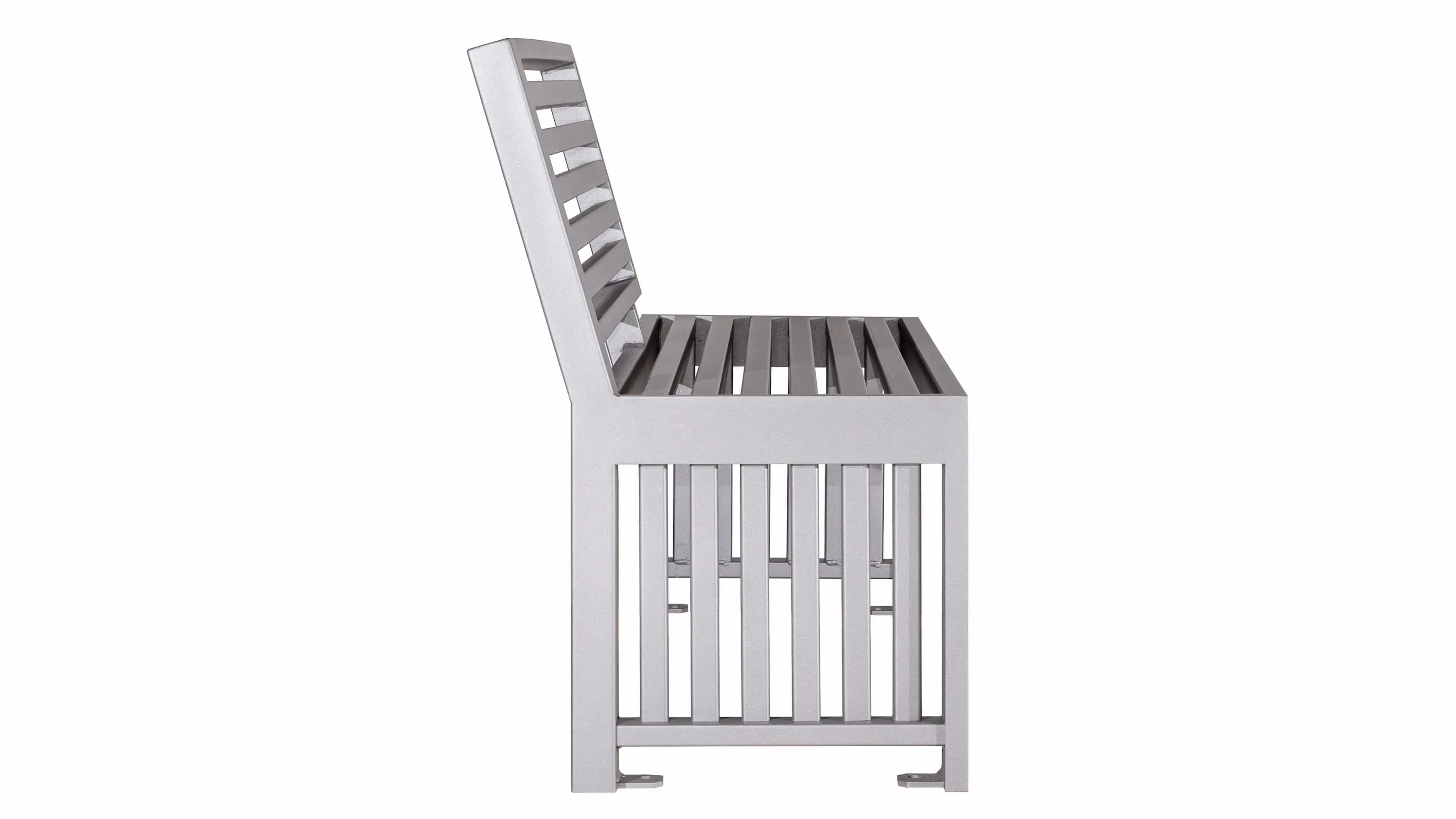 Side view of an Urban Form bench, featuring an all-aluminum construction. This bench offers a sleek and modern seating solution for various outdoor settings.