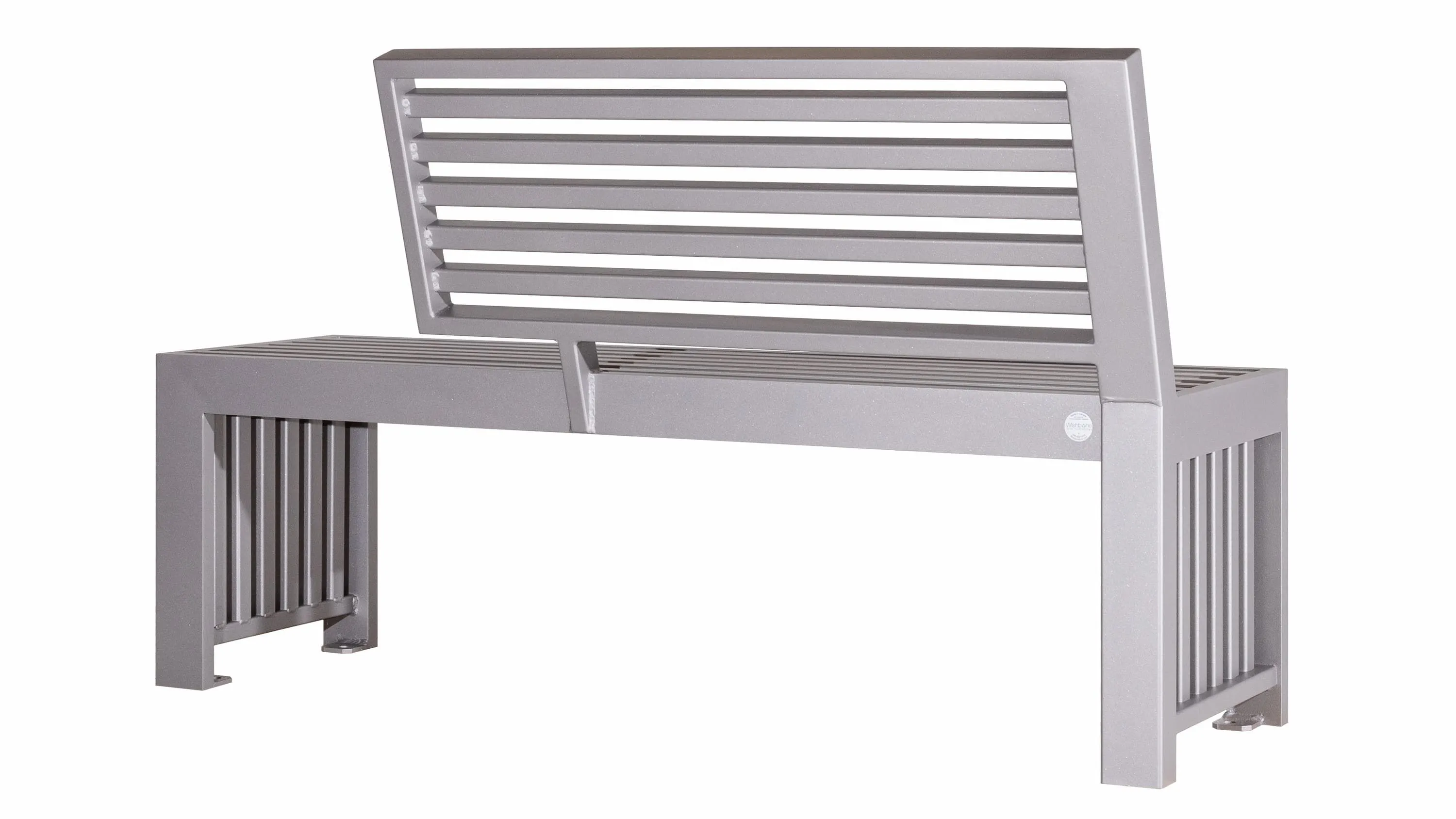 Urban Form bench with a full back, featuring a powder-coated metal frame and horizontal slats. This bench provides comfortable seating for public spaces.