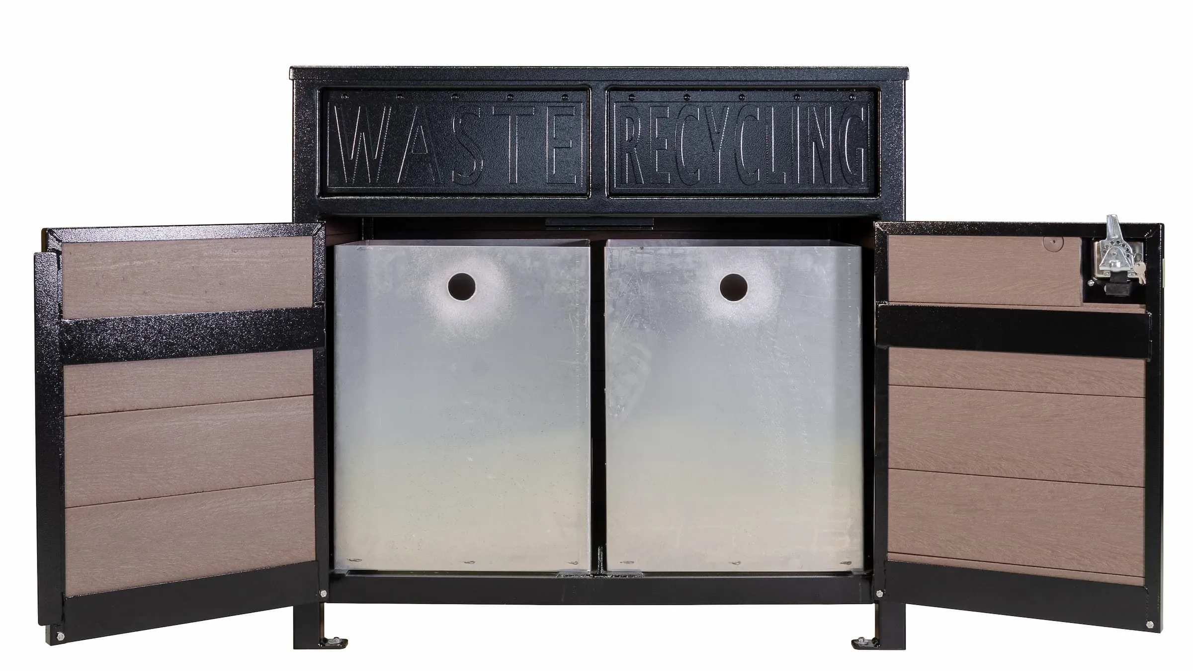 Two-stream waste and recycling station with loading doors open, revealing metal bins inside. The unit features recycled plastic lumber accents and a durable powder-coated frame.