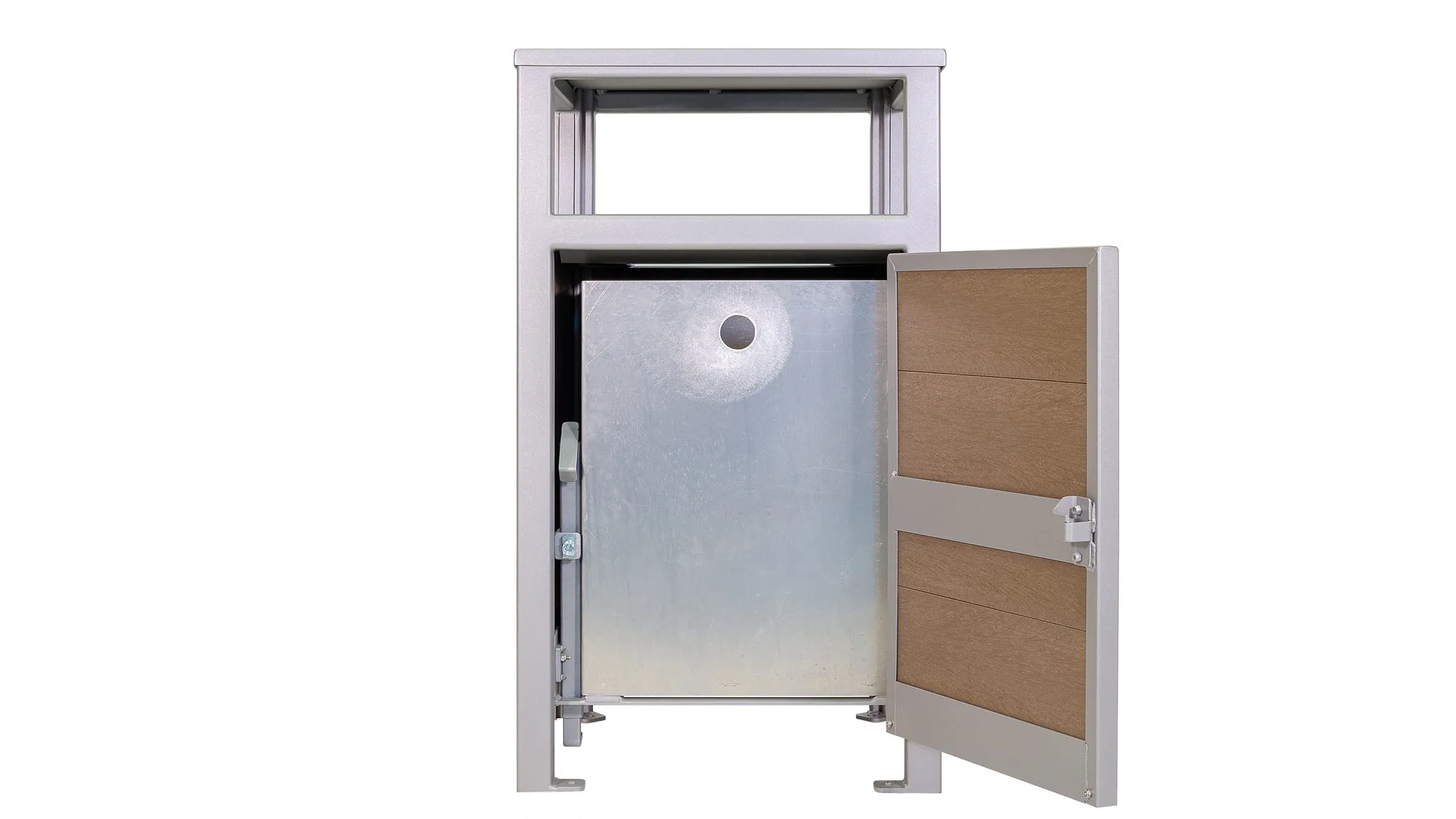 Urban Form Easy Access Waste Receptacle with an open loading door. The receptacle features a metal frame and recycled plastic lumber door.