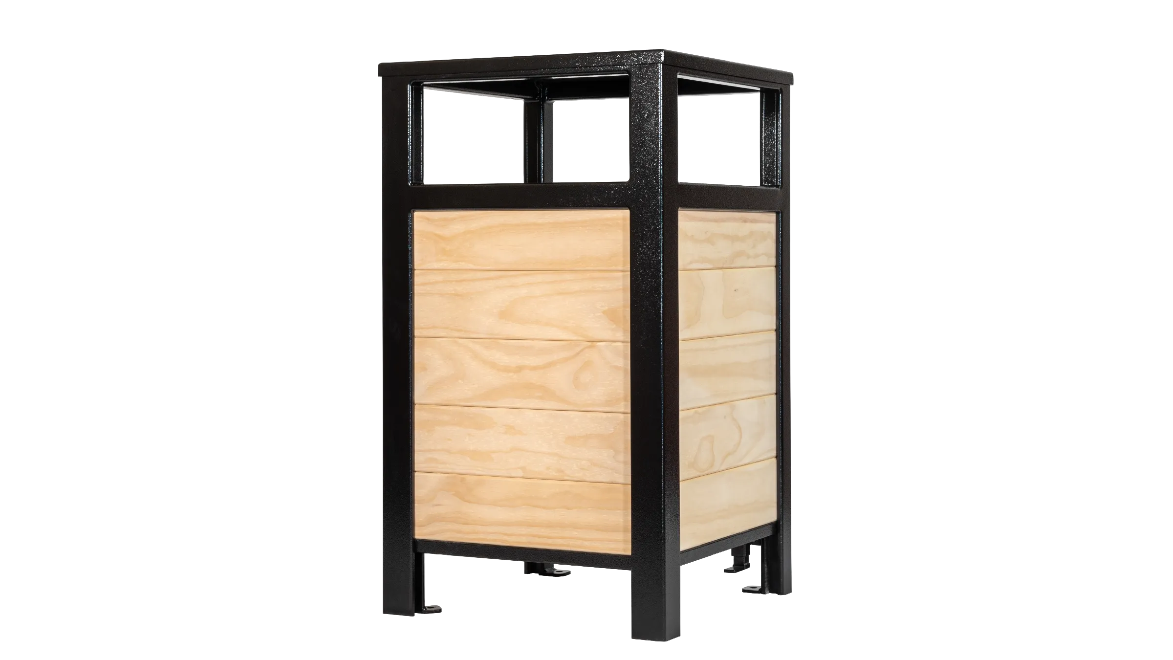 Urban Form easy access waste receptacle with a black powder-coated frame and Accoya modified wood panels. This accessible bin is ideal for parks, streetscapes, and commercial areas.