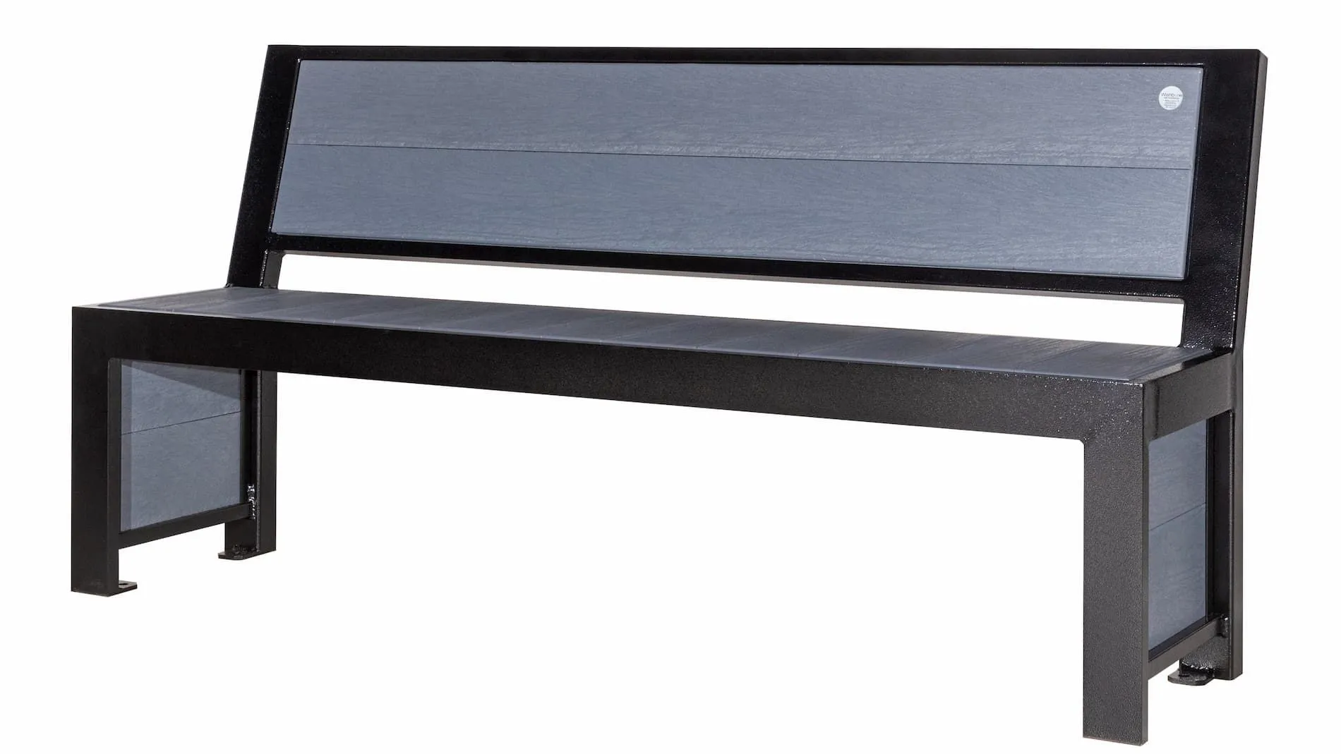 Urban Form Full Back Bench with recycled plastic lumber and powder-coated metal frame. This bench provides comfortable seating for public spaces.