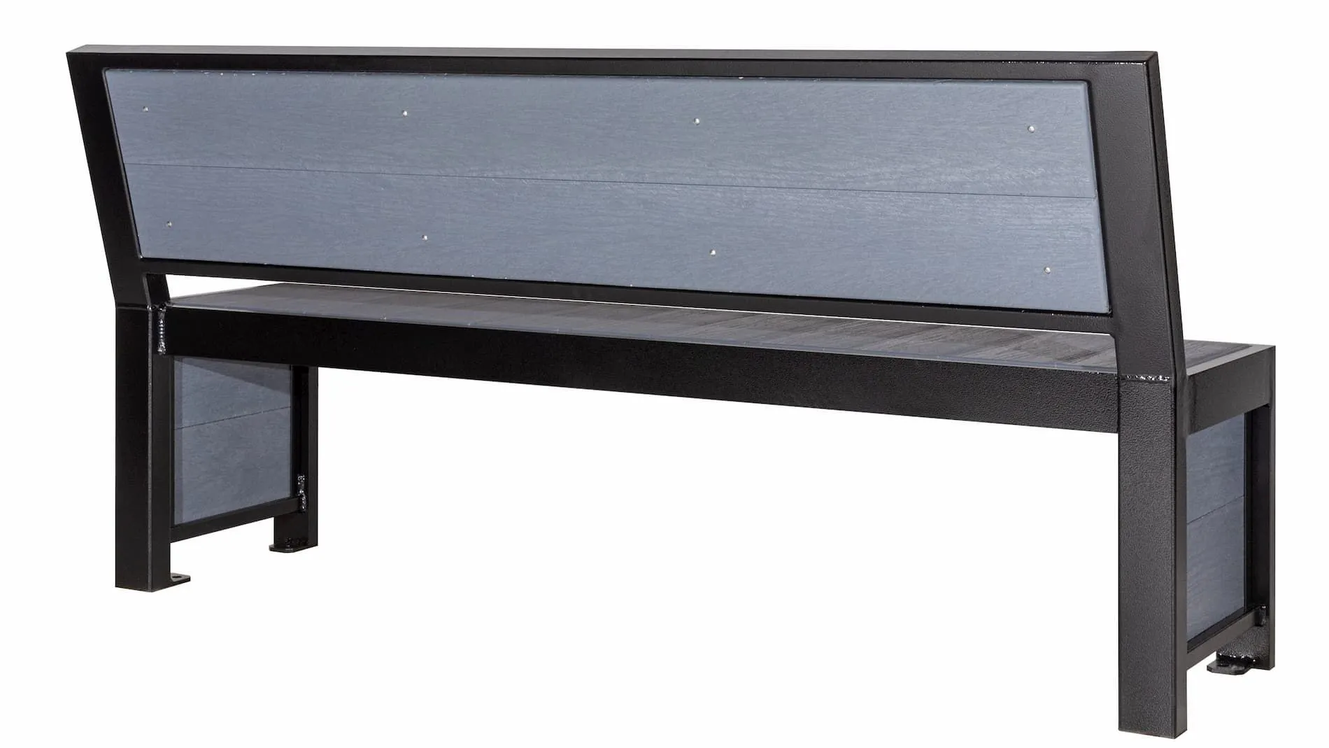 Urban Form Full Back Bench with recycled plastic lumber and powder-coated metal frame. This bench offers a comfortable and stylish seating solution for public spaces.