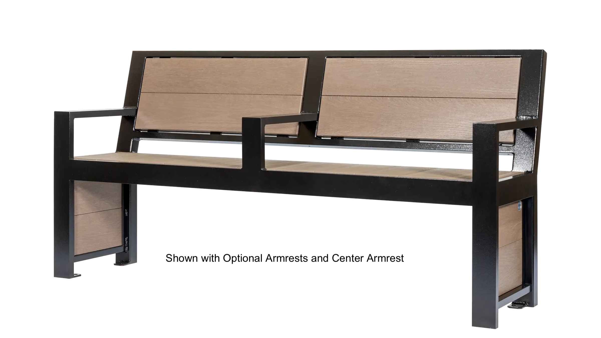 Urban Form full back bench with armrests and center armrest. This bench features recycled plastic lumber and a powder-coated metal frame.