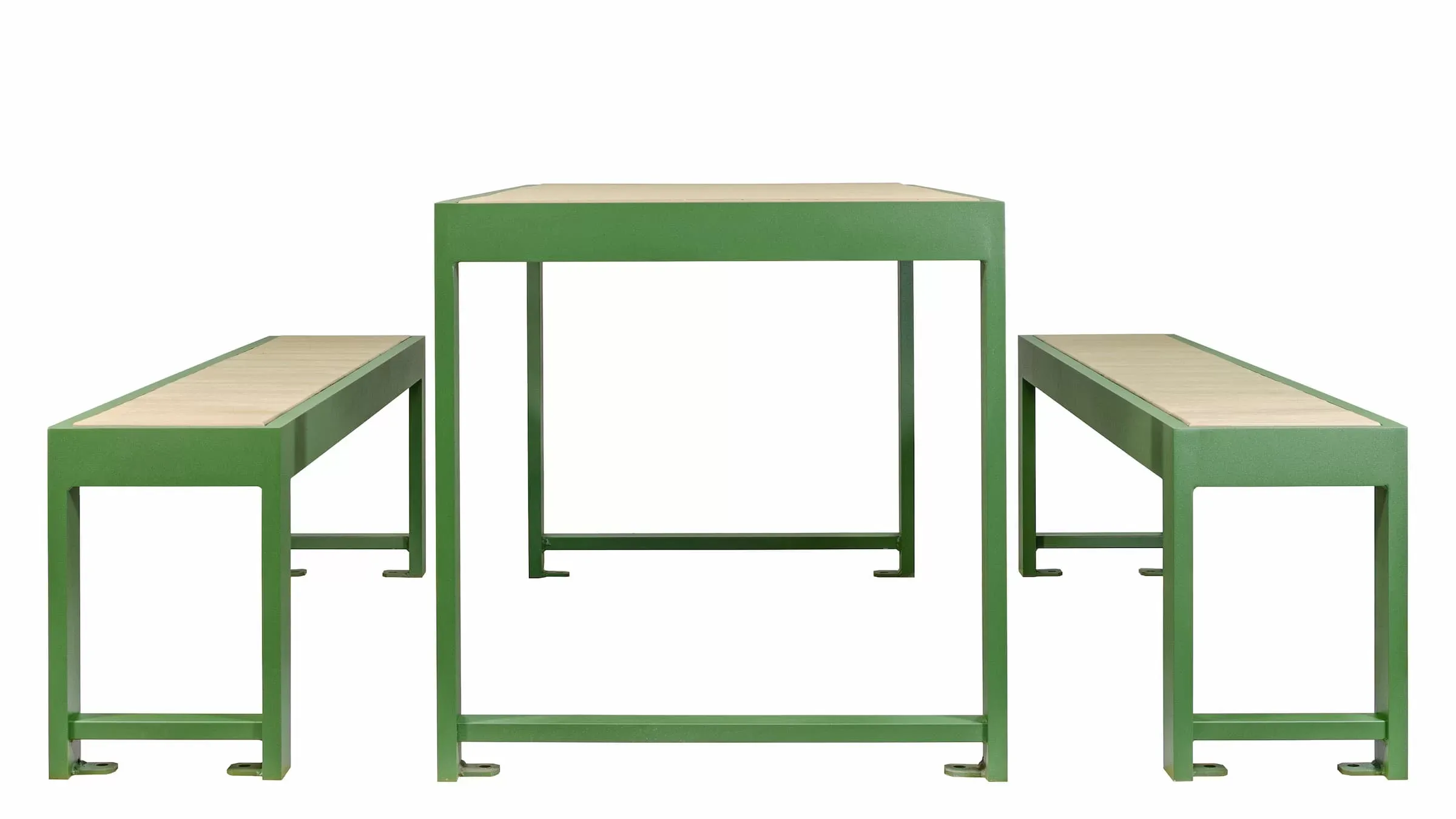 Urban Form Harvest Picnic Table with benches, featuring a green powder-coated frame and light-colored recycled plastic lumber table and seat surfaces. This picnic set provides a modern and durable outdoor seating solution.