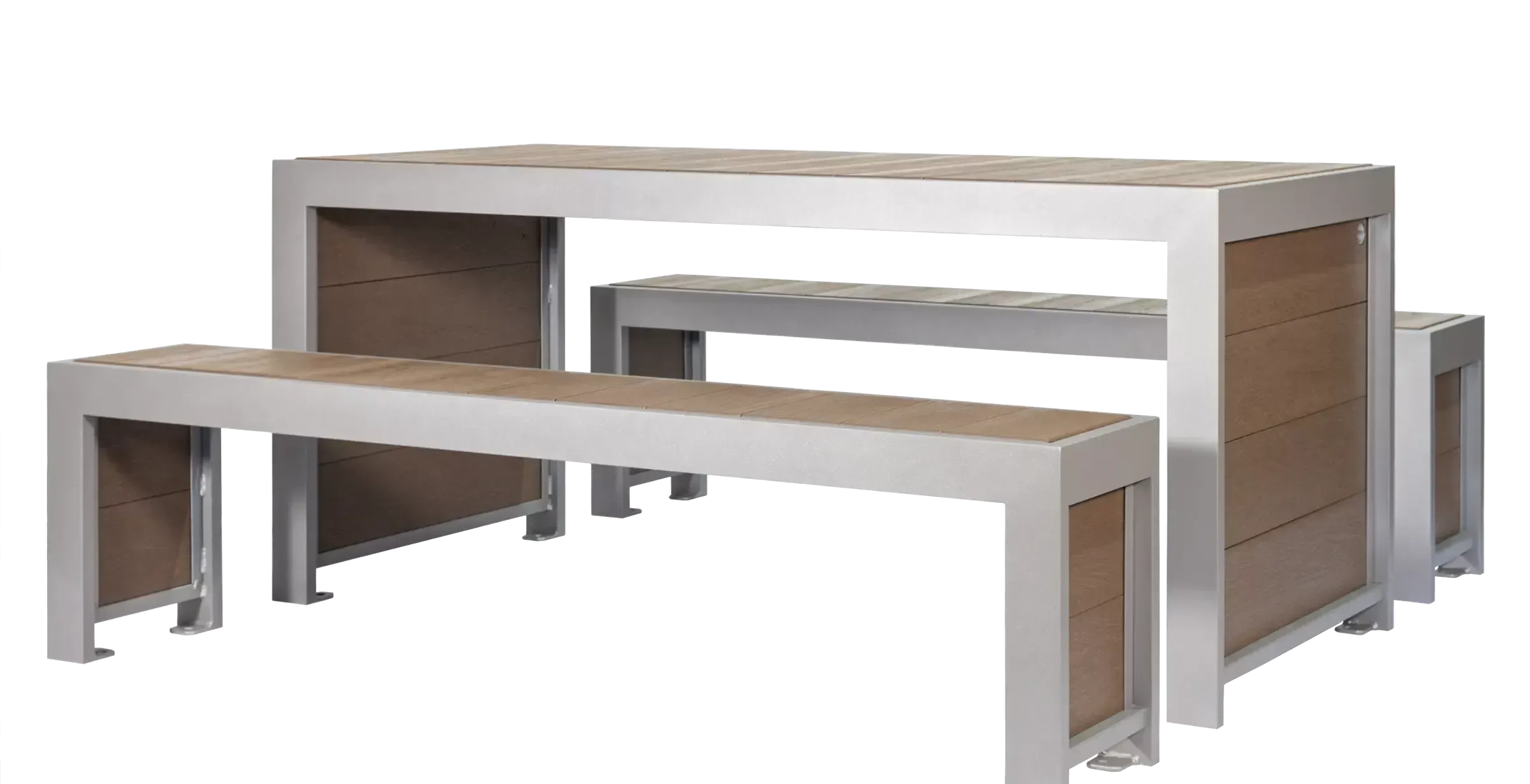 Urban Form picnic table and benches feature a powder-coated metal frame and recycled plastic lumber. This modern picnic set is ideal for outdoor dining and gathering spaces.