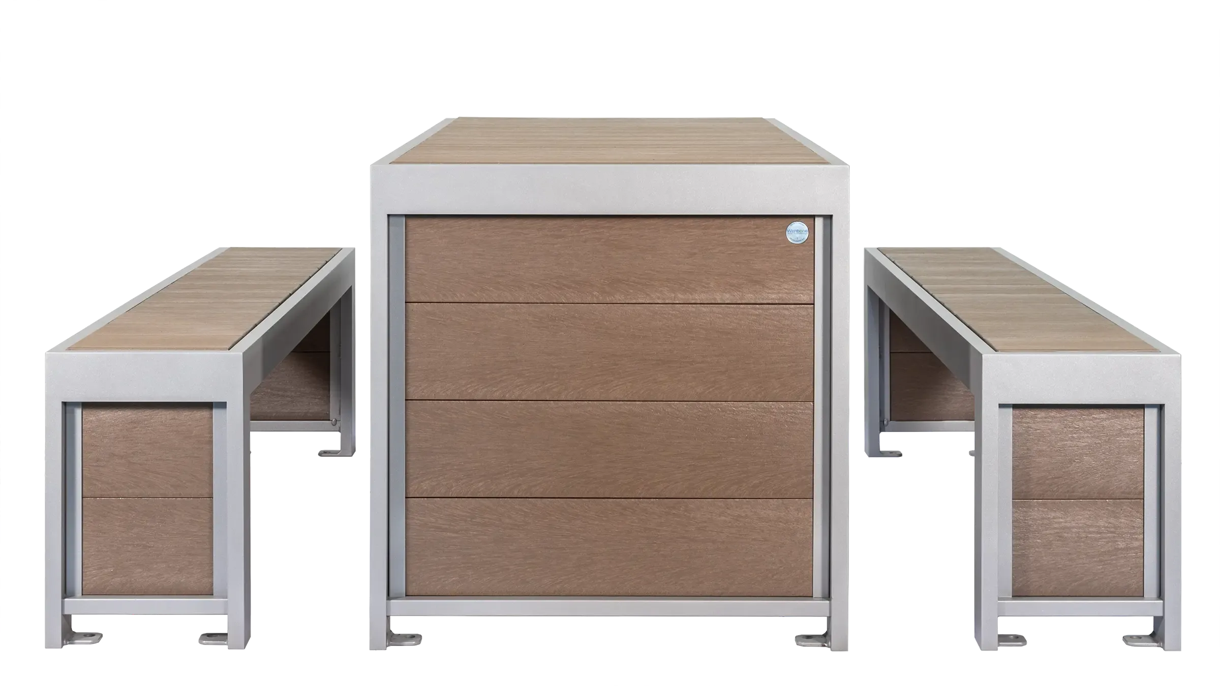Urban Form picnic table and benches feature a modern design with recycled plastic lumber and powder-coated metal frames. This set provides a durable and stylish outdoor seating solution.