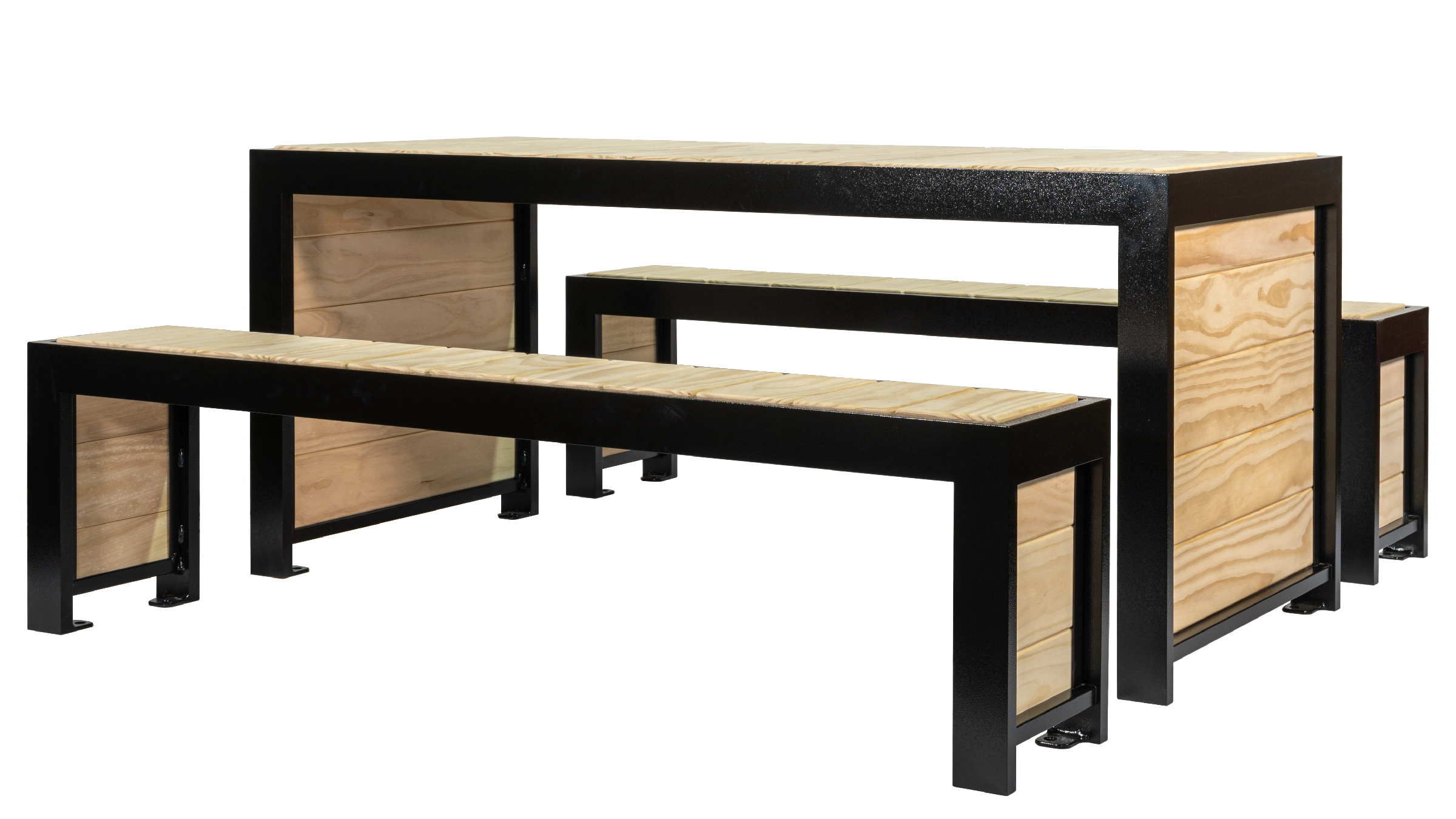 This picnic table and bench set features a black powder-coated frame and Accoya® Modified Wood lumber. The set provides a modern and durable outdoor seating solution.