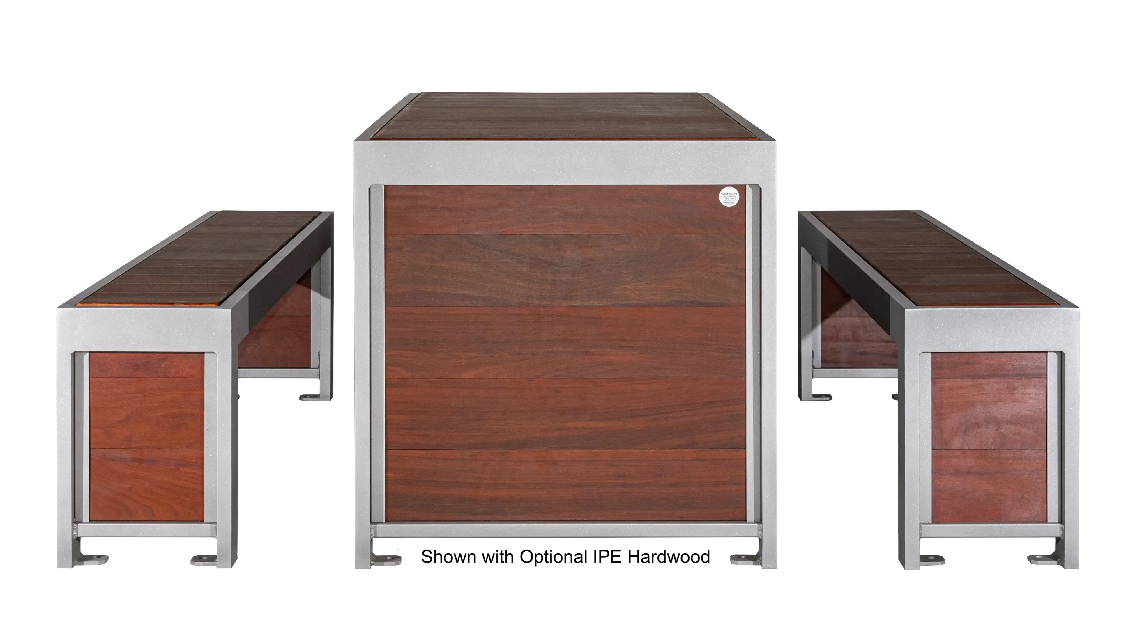 Urban Form picnic table with attached benches features a durable frame and recycled plastic lumber. This picnic set provides a comfortable and stylish outdoor seating solution.