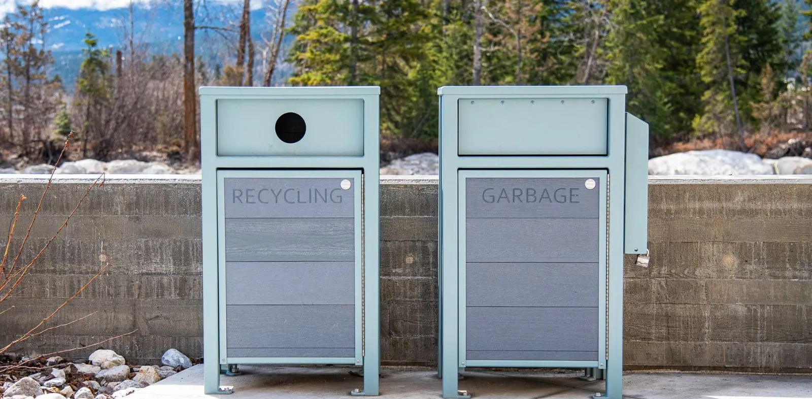 Dual stream waste and recycling receptacles with a slim profile. These units feature durable recycled plastic lumber and powder-coated metal frames.