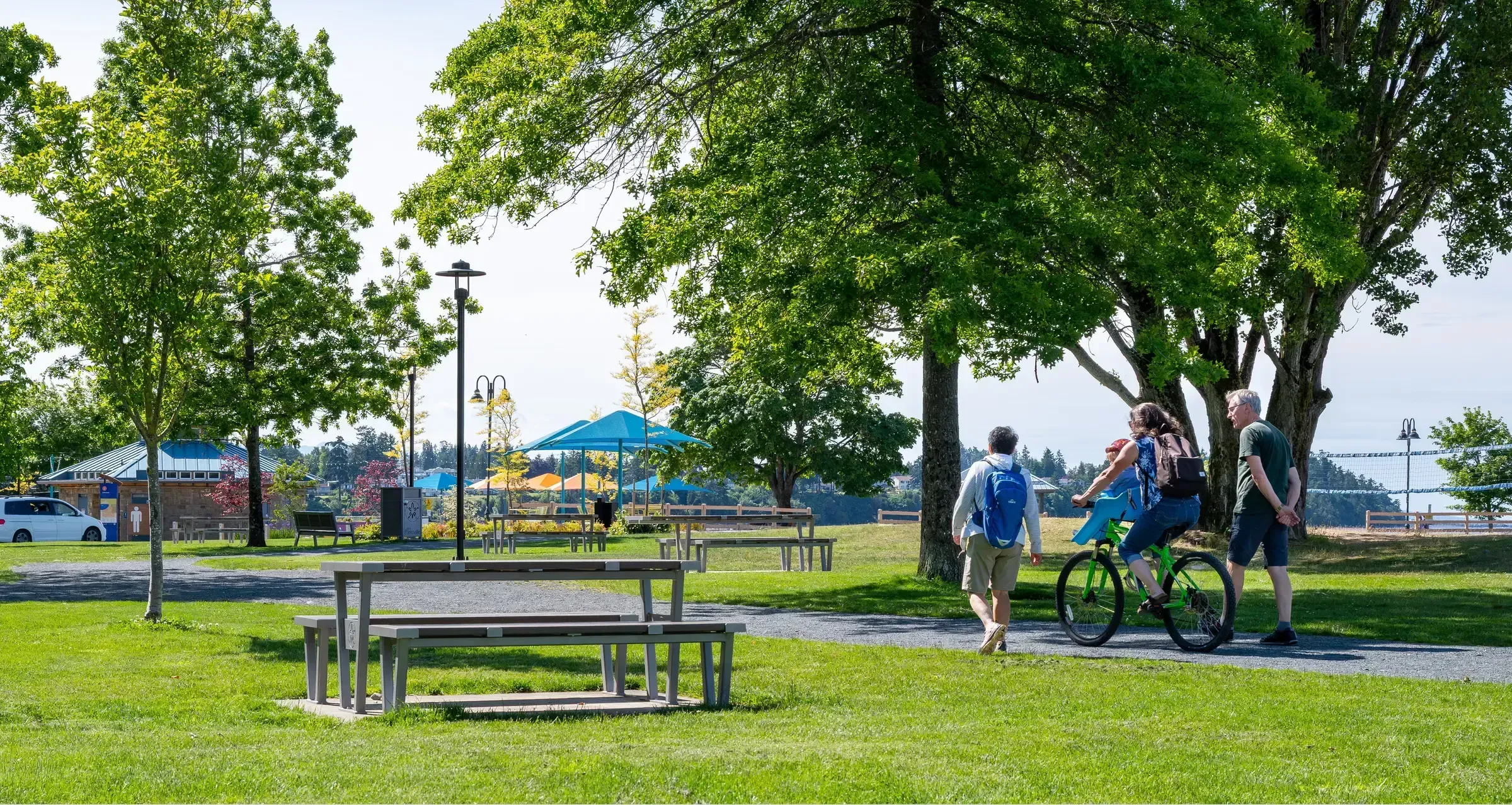 Vincent Picnic Tables provide a place for people to gather in Parksville Community Park. The tables feature recycled plastic lumber and a durable metal frame.