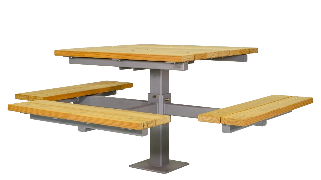 Wheelchair accessible picnic table features a single pedestal design with a square tabletop and attached seating. The table is constructed with light-colored lumber and a powder-coated metal frame.