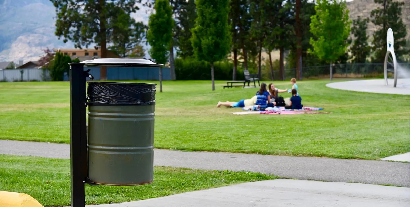 A Wrap 45 waste receptacle stands in a grassy park setting, providing a convenient disposal solution for visitors. The park features walking paths, trees, and a water feature in the background.