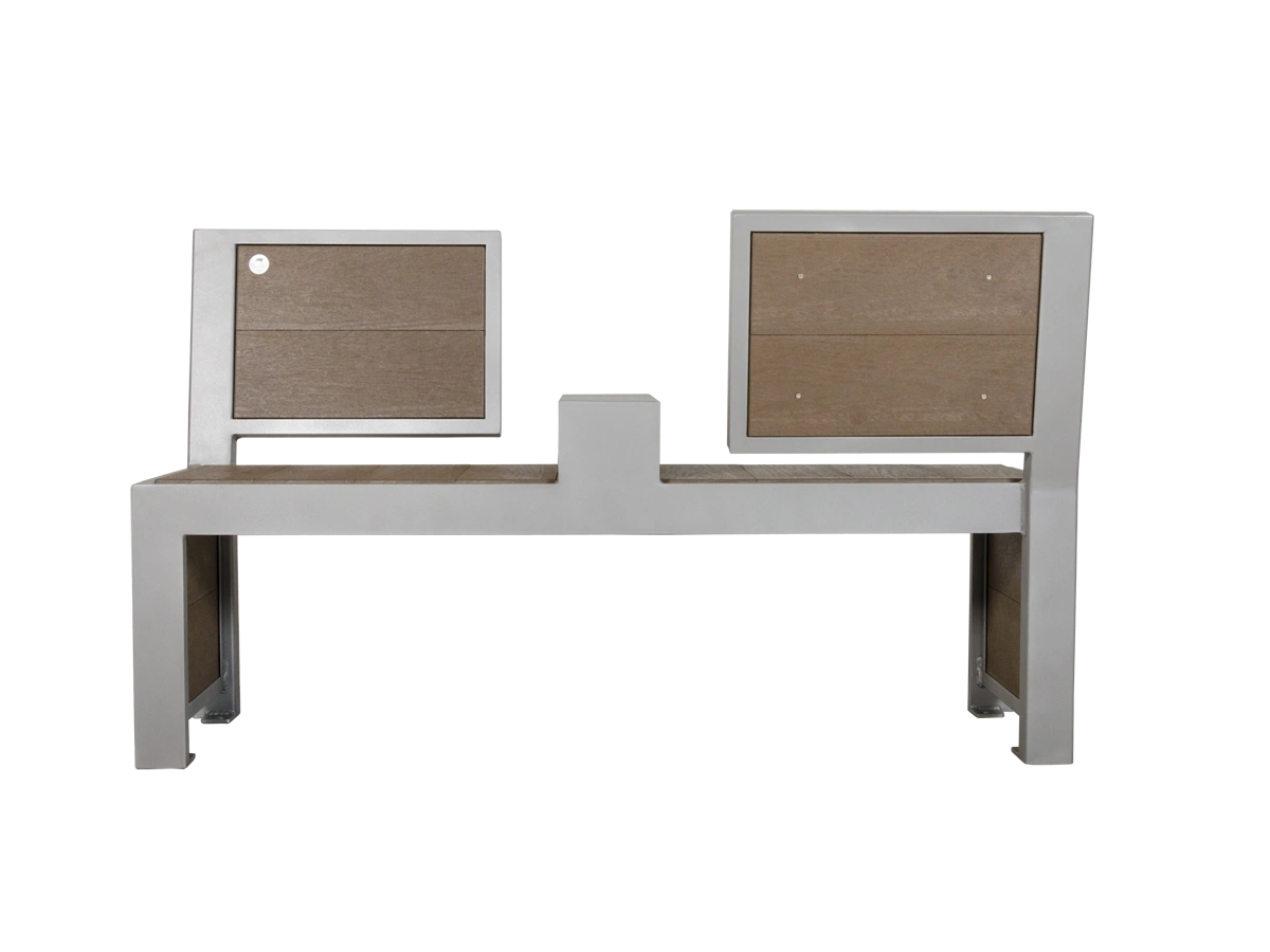 Urban Form Split Back bench with a powder-coated metal frame and recycled plastic lumber seat and backrest.