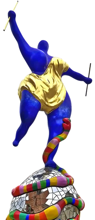 Statue of a blue man wearing a gold robe