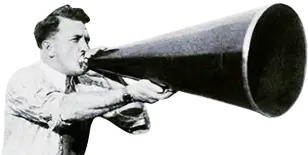 Man shouting into a large megaphone
