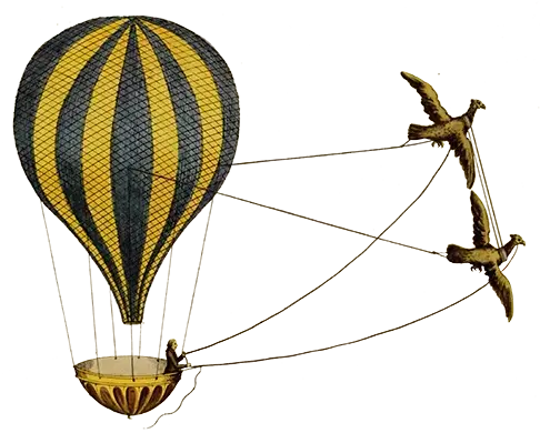 Blue and yellow striped air balloon being piloted by a man steering two harnessed birds